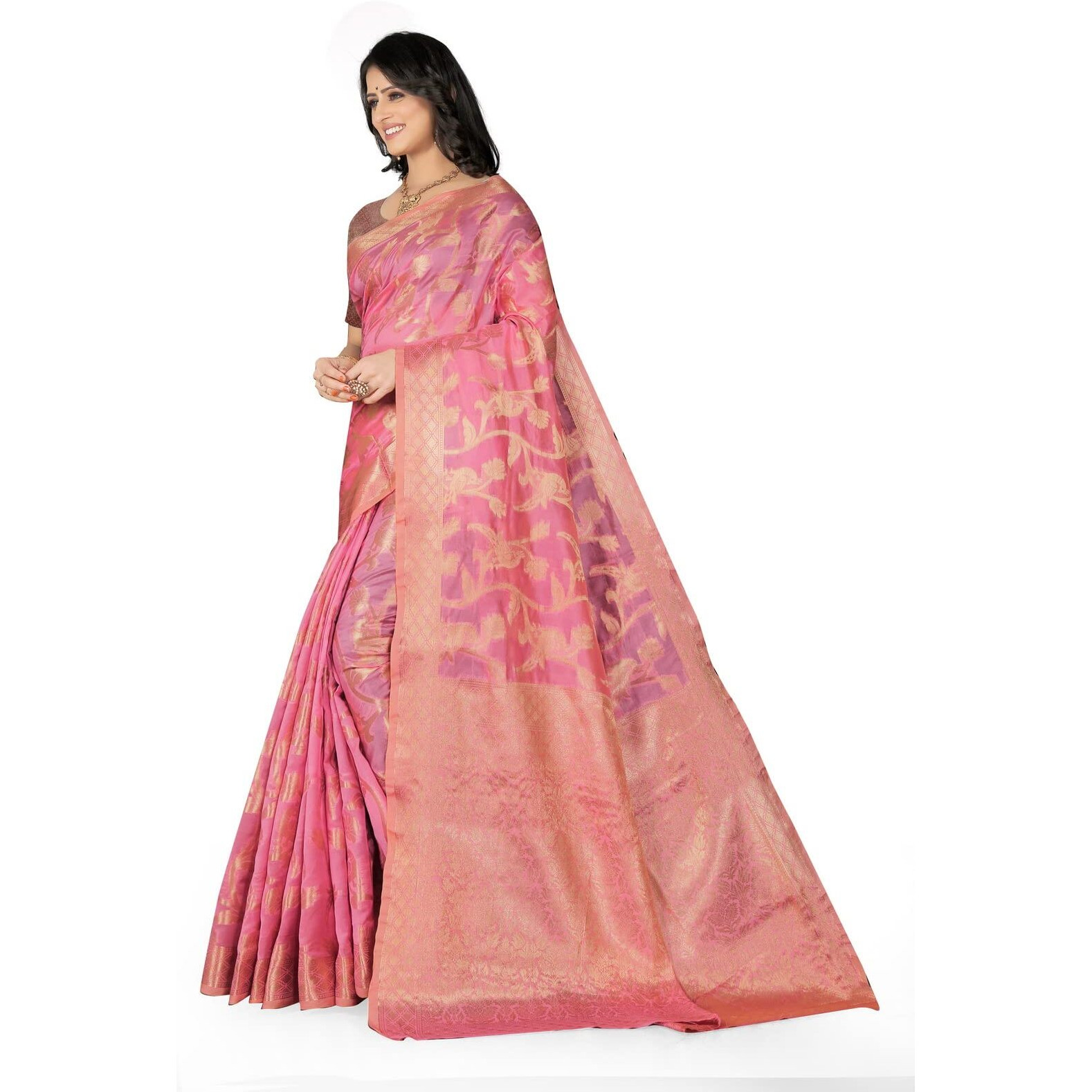 Flosive Women's Latest Kanjivaram Soft Silk Wedding Saree With Fancy Blouse (PINK)