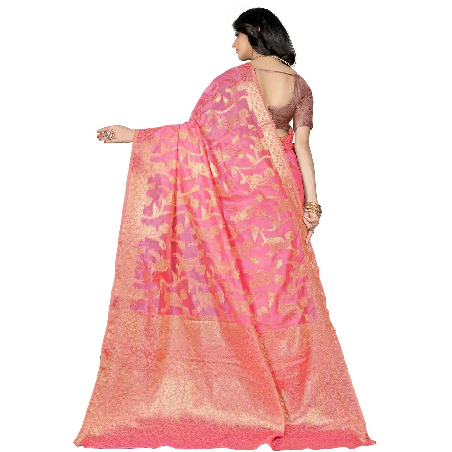 Flosive Women's Latest Kanjivaram Soft Silk Wedding Saree With Fancy Blouse (PINK)