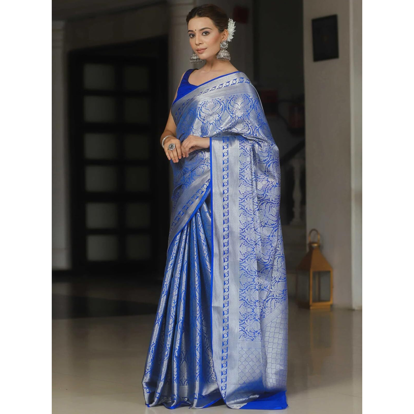 SAMAH Women's Jacquard Silk Blend Saree (3991S496N_Dark Blue)