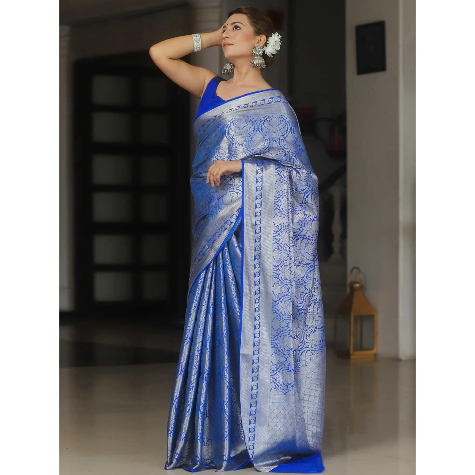 SAMAH Women's Jacquard Silk Blend Saree (3991S496N_Dark Blue)