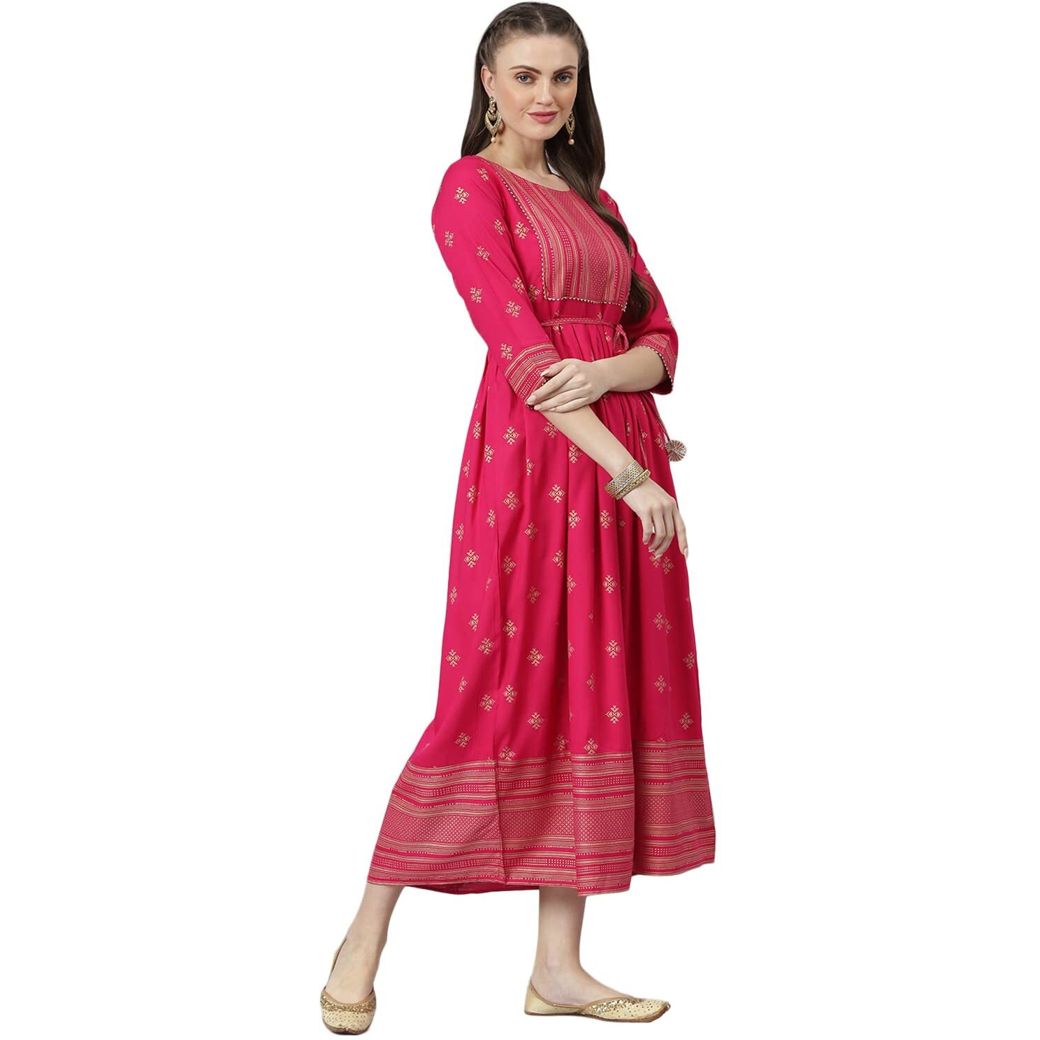 Stylum Women's Printed Rayon Flared Kurta (TONYPINK42_Pink, XL)