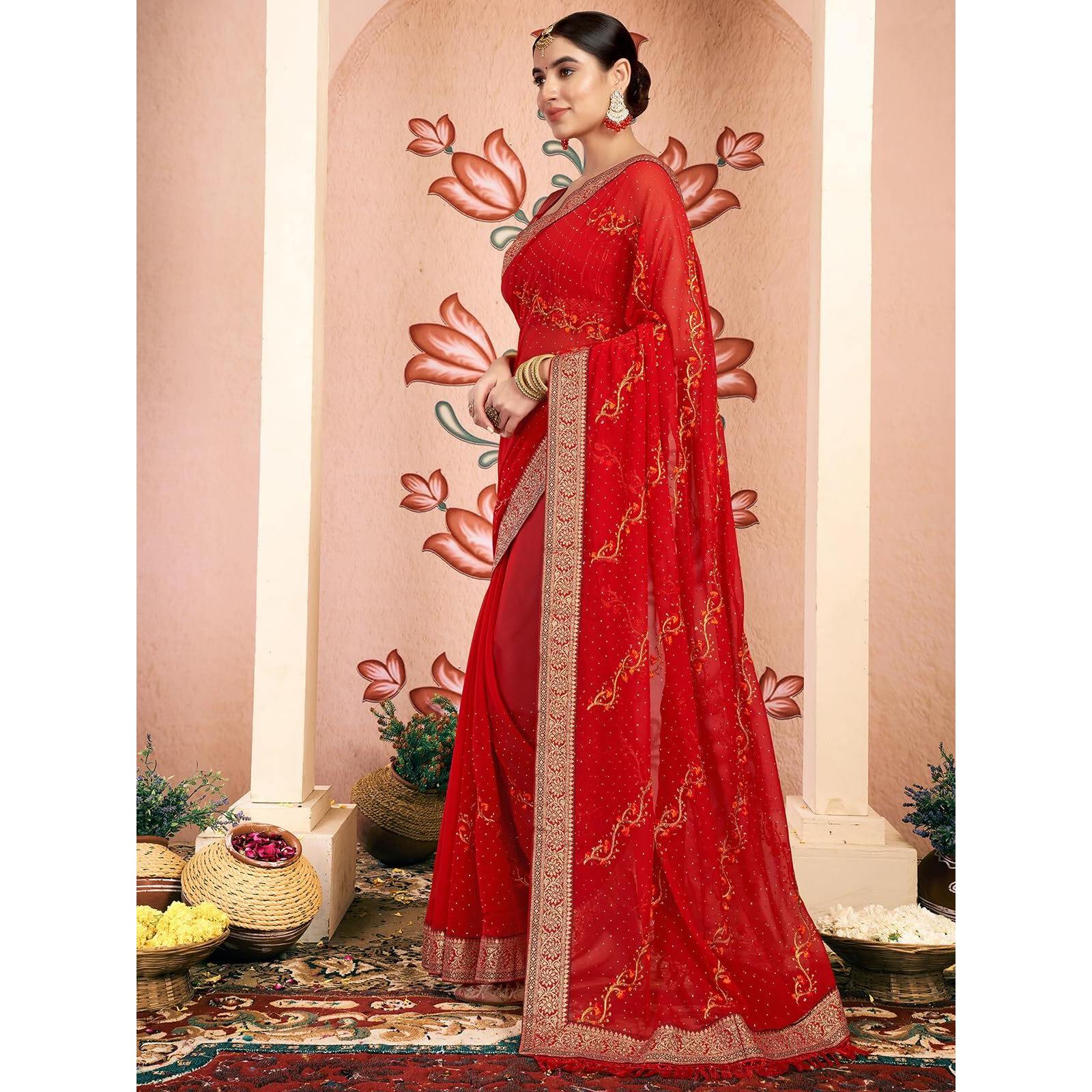 Satrani Women's Georgette Embroidery & Stone Work Saree with Unstitched Blouse Piece (4065S2828N_Red)