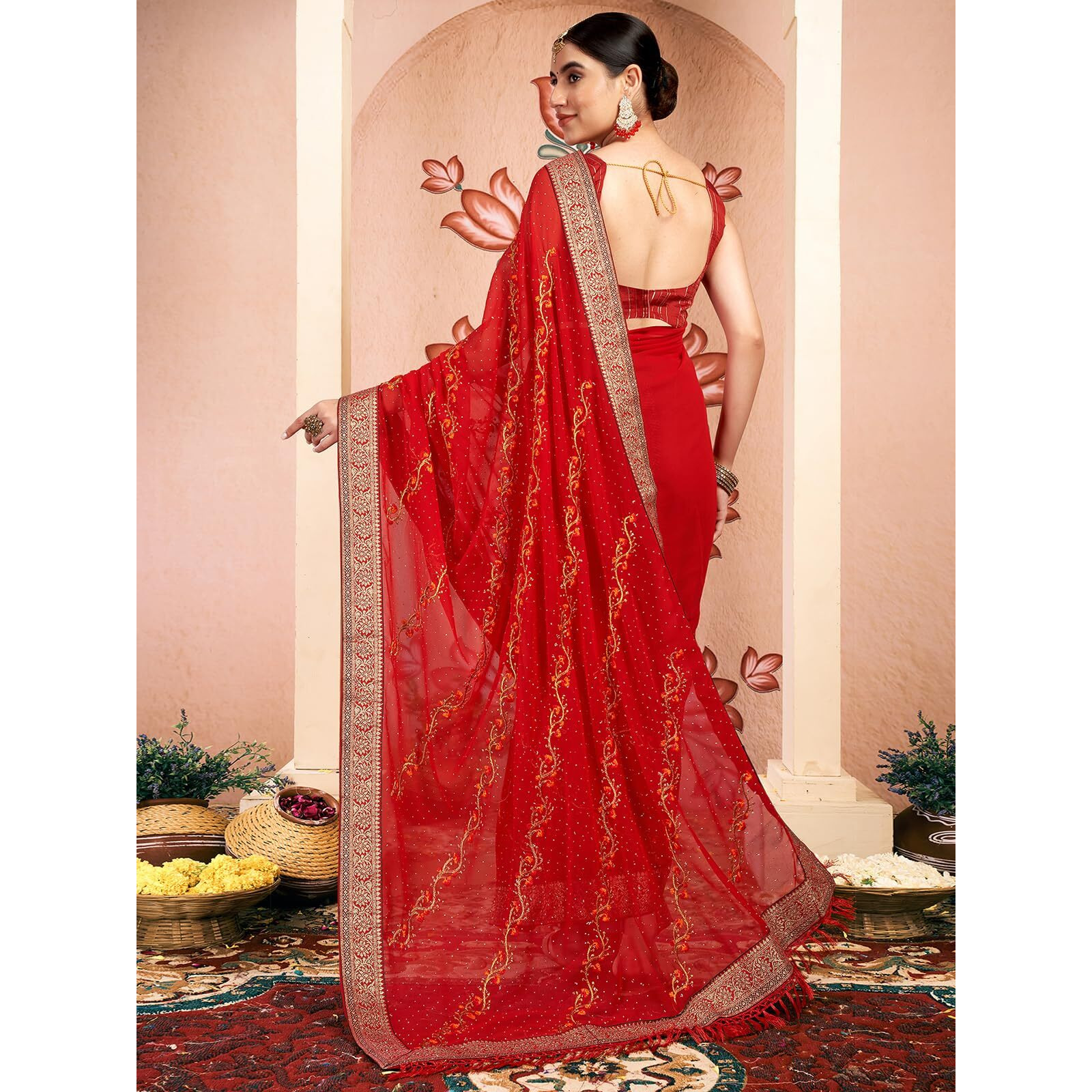 Satrani Women's Georgette Embroidery & Stone Work Saree with Unstitched Blouse Piece (4065S2828N_Red)
