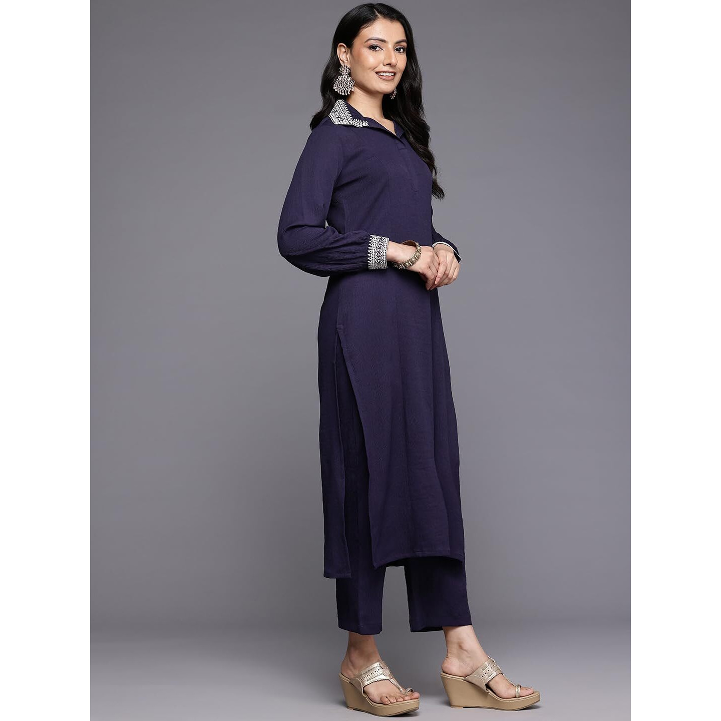 VARANGA Women Purple Dori Embroidered Collar, Long Sleeves With Cuff Detailed Kurta Set