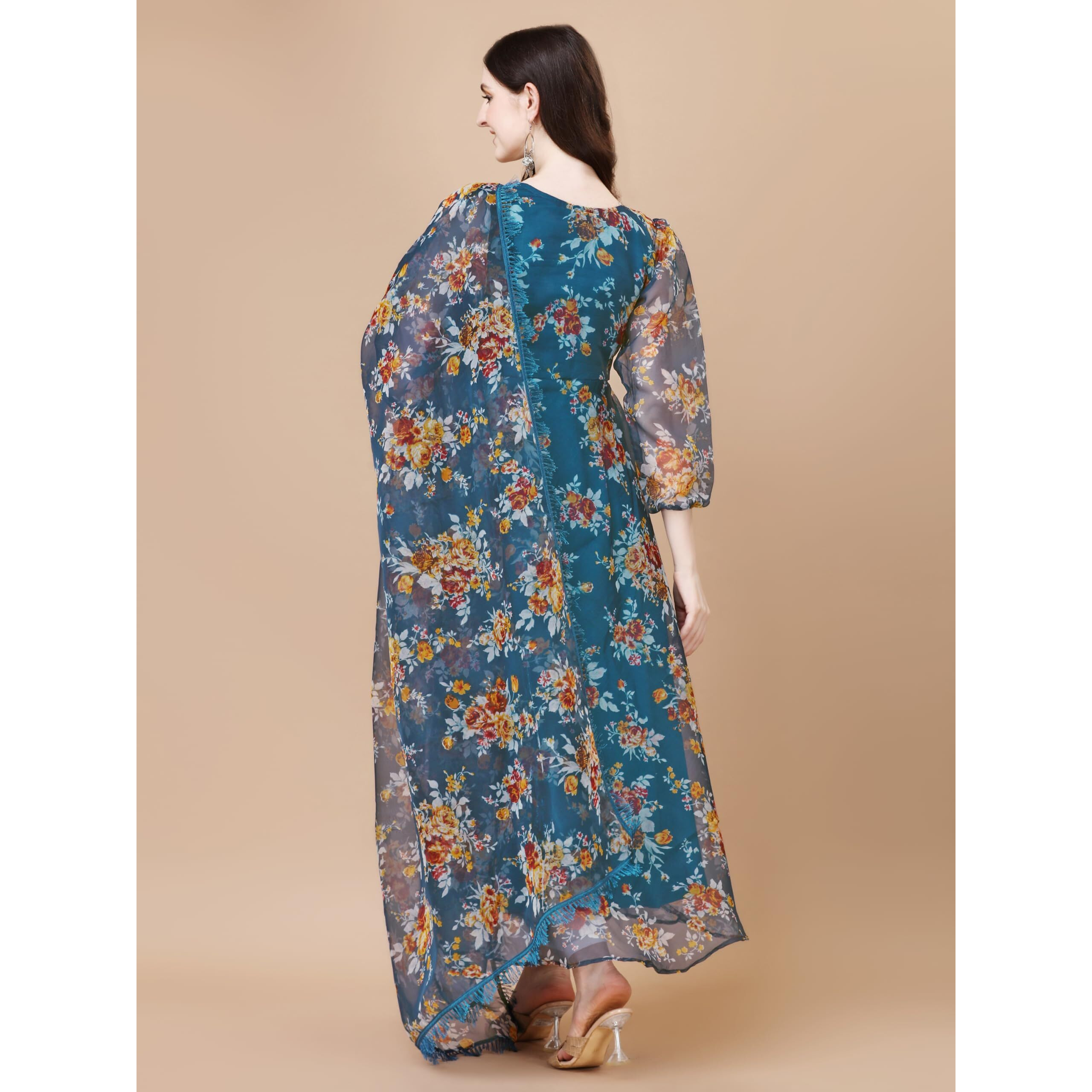 Women Floral Print Anarkali Kurta with Pant and Dupatta (KRT547) (Medium, Blue)