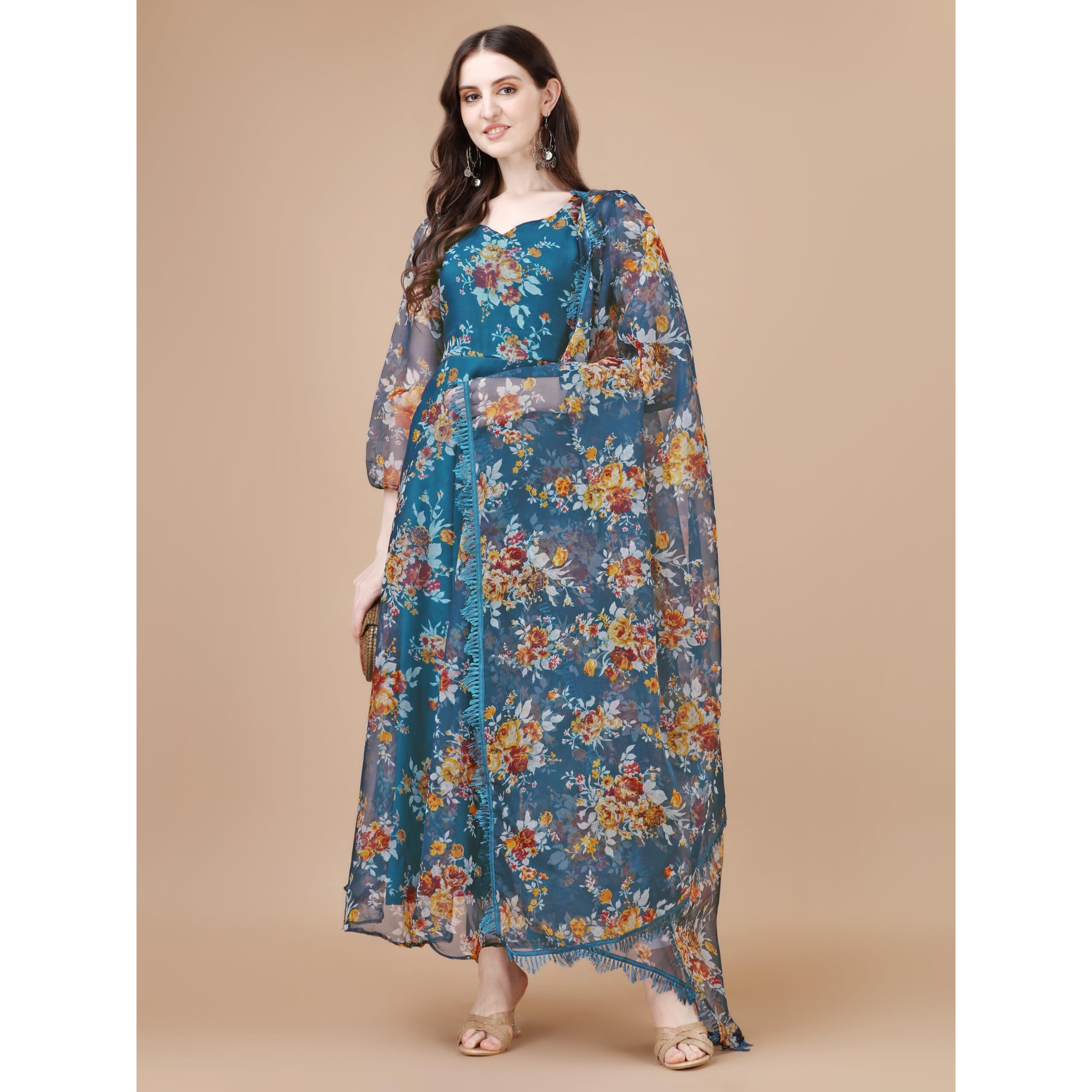 Women Floral Print Anarkali Kurta with Pant and Dupatta (KRT547) (Medium, Blue)