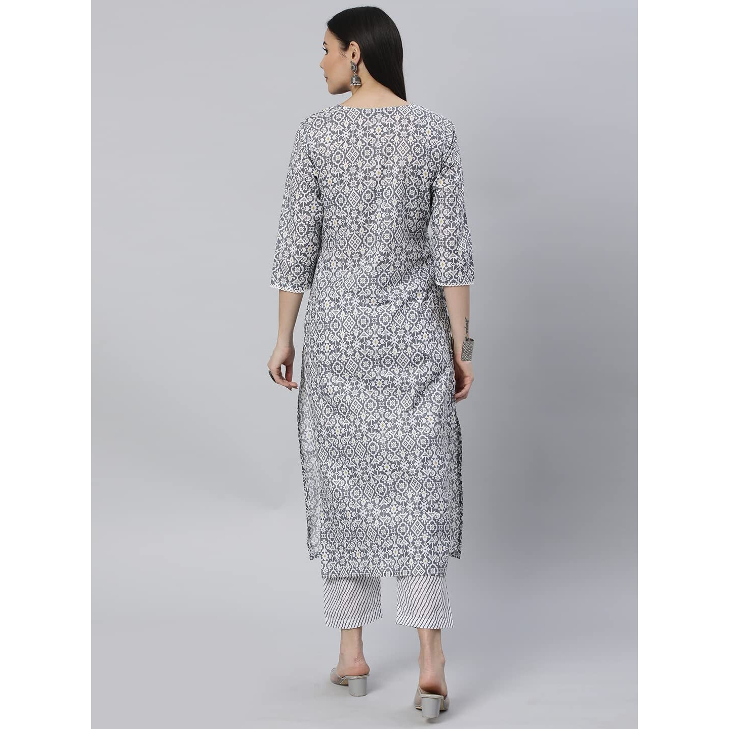 ANNI DESIGNER Women's Cotton Blend Printed Straight Kurta with Pant (Kavi-Grey-Nw_S_Grey_Small)