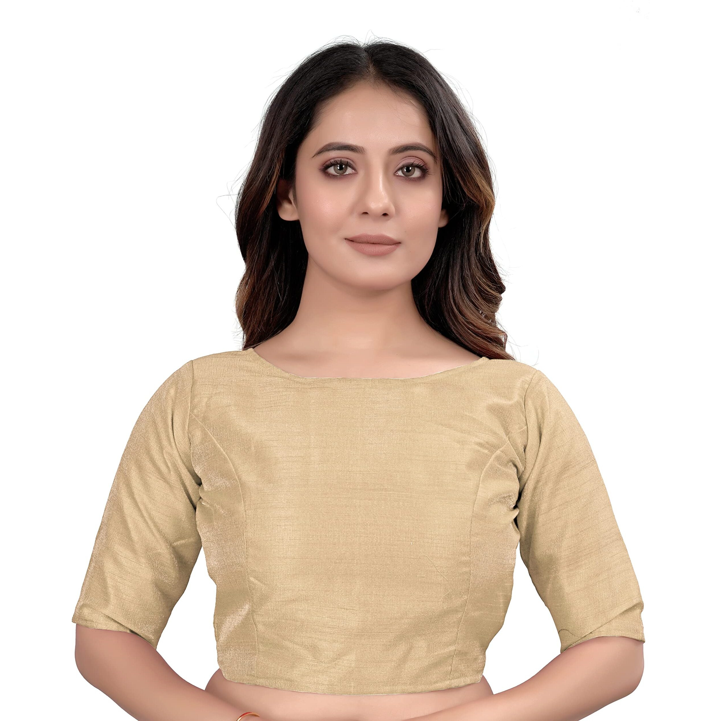 Sumaira Tex Women's Slub Silk Boat Neck with Elbow Length Sleeve Plain Fancy Blouse(Slub Cream_S)