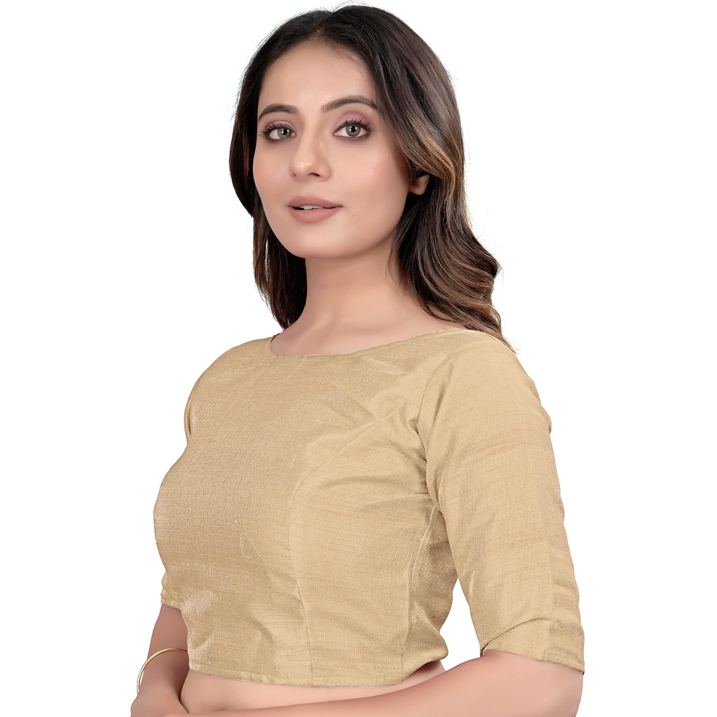 Sumaira Tex Women's Slub Silk Boat Neck with Elbow Length Sleeve Plain Fancy Blouse(Slub Cream_S)