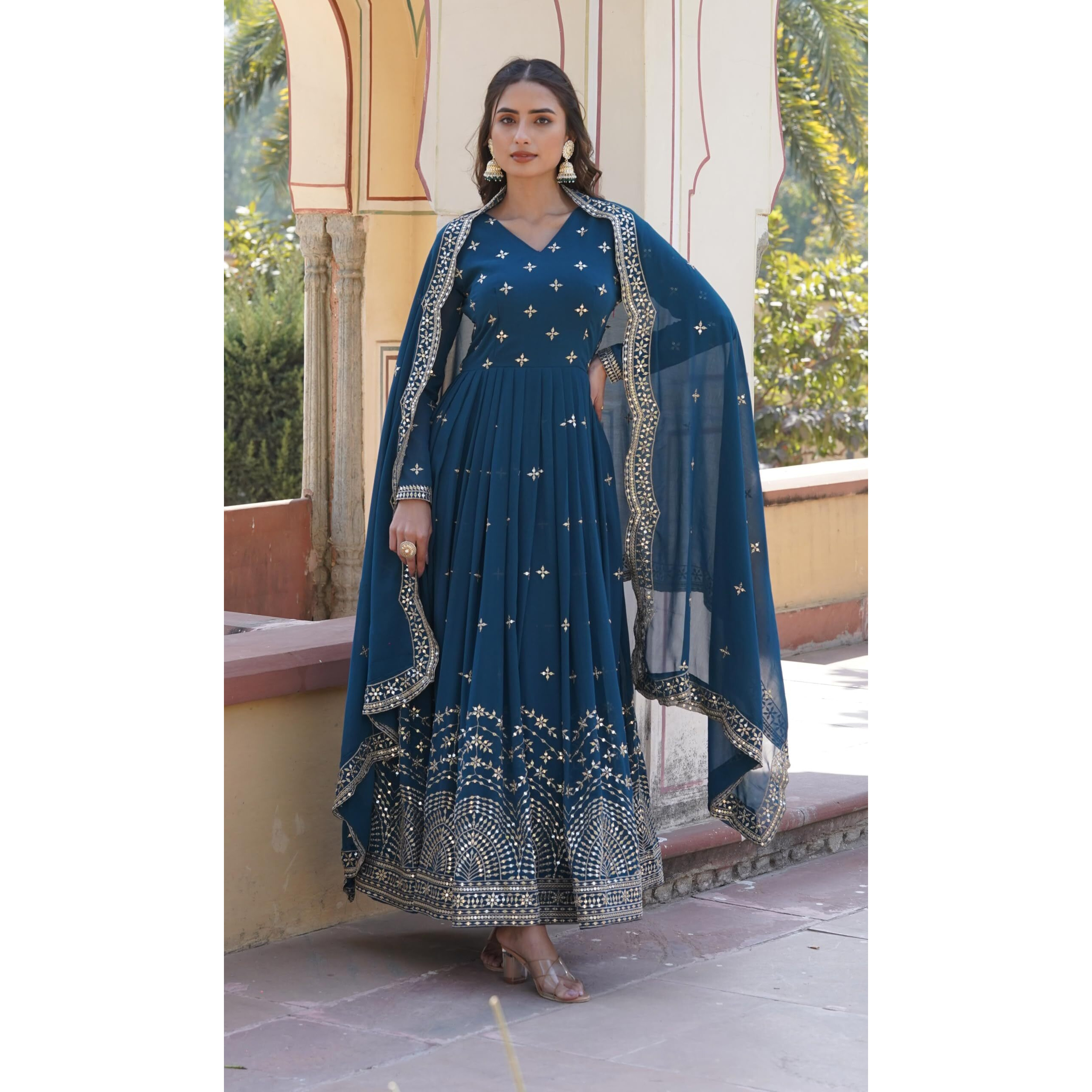 Fashion Basket Turquoise Georgette with Sequins Embroidery Anarkali Kurta Set for Women (IN, Alpha, 2XL, Regular, TURQUOISE)