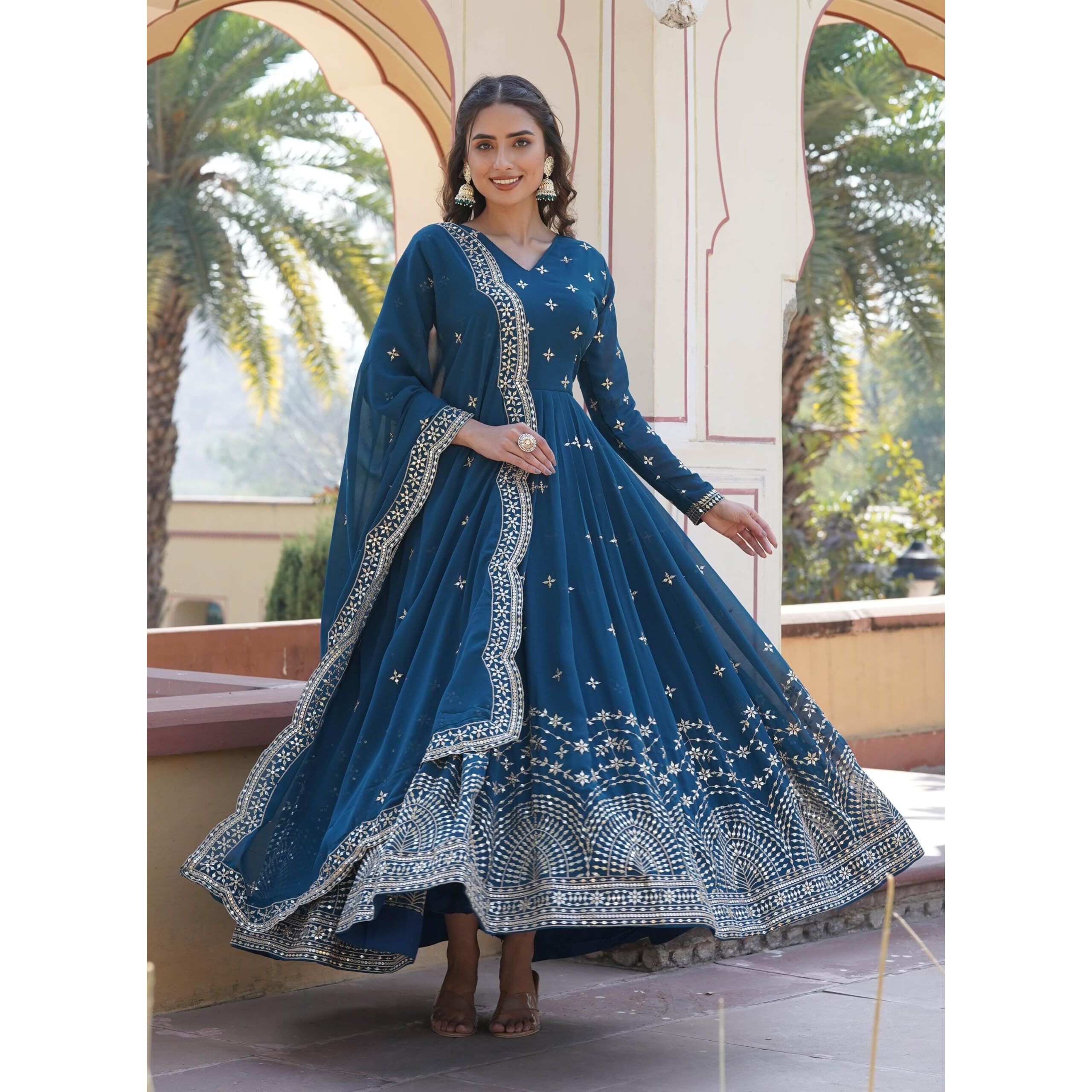 Fashion Basket Turquoise Georgette with Sequins Embroidery Anarkali Kurta Set for Women (IN, Alpha, 2XL, Regular, TURQUOISE)