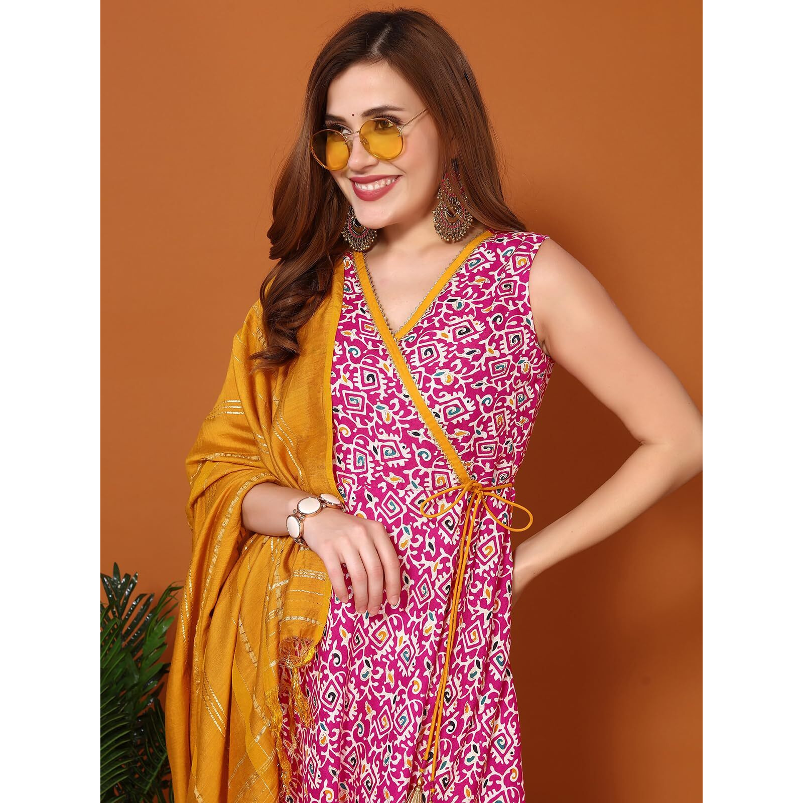 Sanisa Women's Cotton Blend Printed Anarkali Kurta with Pant and Self Woven Dupatta (67KBD765NZ-XL_Pink & Multi)