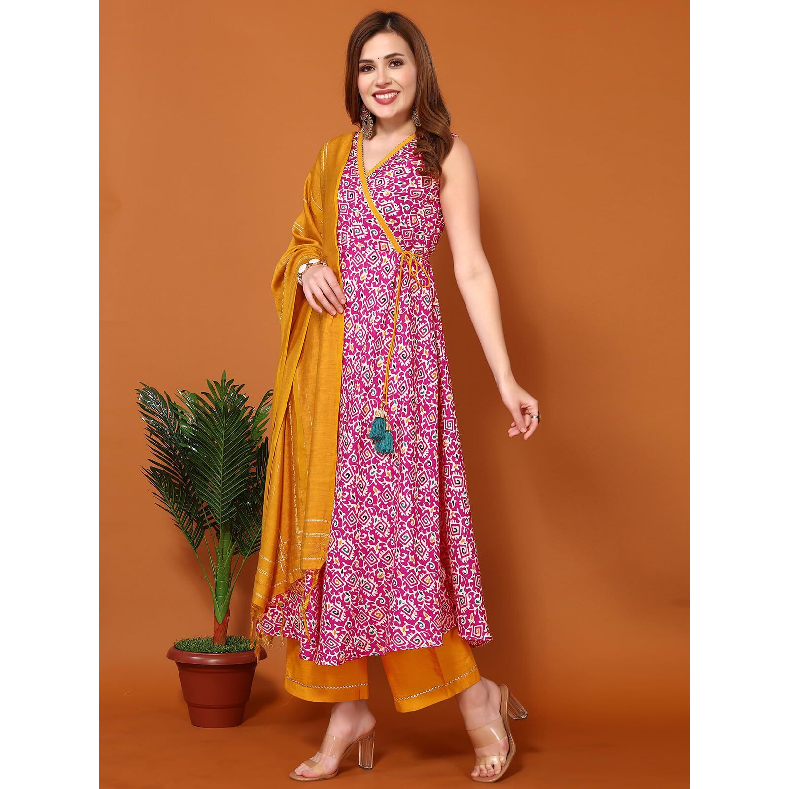 Sanisa Women's Cotton Blend Printed Anarkali Kurta with Pant and Self Woven Dupatta (67KBD765NZ-XL_Pink & Multi)