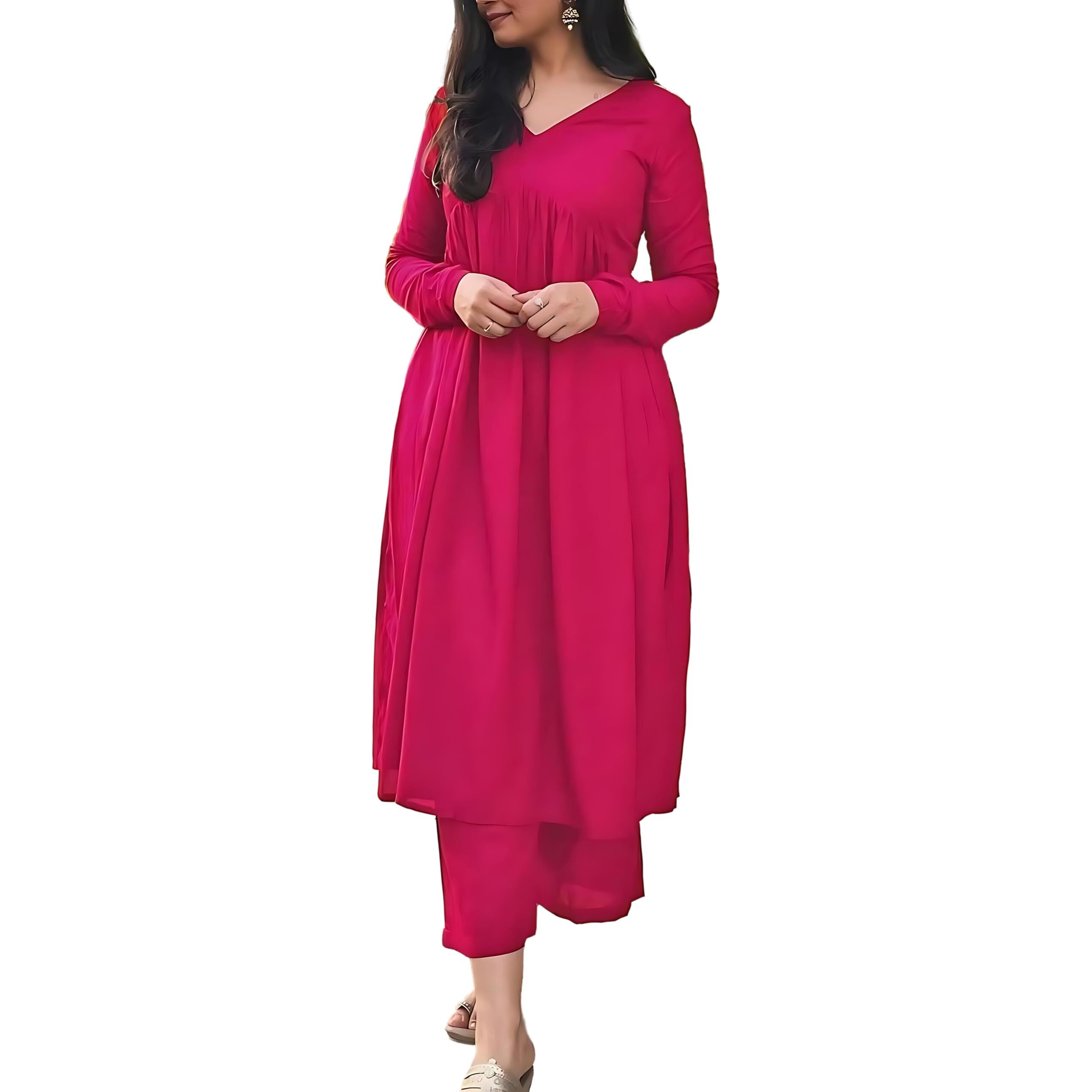 Anveri Textiles Women's Pink Color Knee Length V-Neck XL Size Full Sleeve Regular A-Line Style Cotton Kurtis for Girls.(200_Prisha_ Pink_XL)