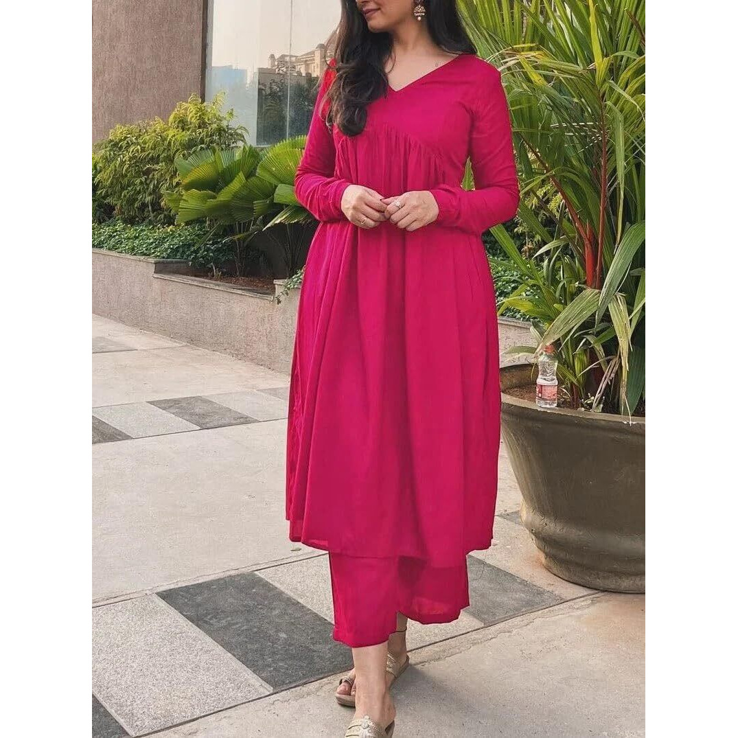 Anveri Textiles Women's Pink Color Knee Length V-Neck XL Size Full Sleeve Regular A-Line Style Cotton Kurtis for Girls.(200_Prisha_ Pink_XL)