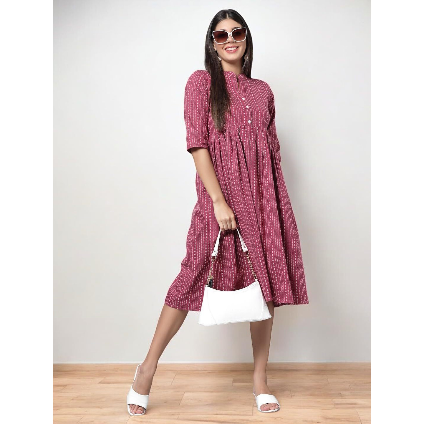Vinchic Womens Pure Cotton Striped Anarkali Kurtis|Collar Kurti