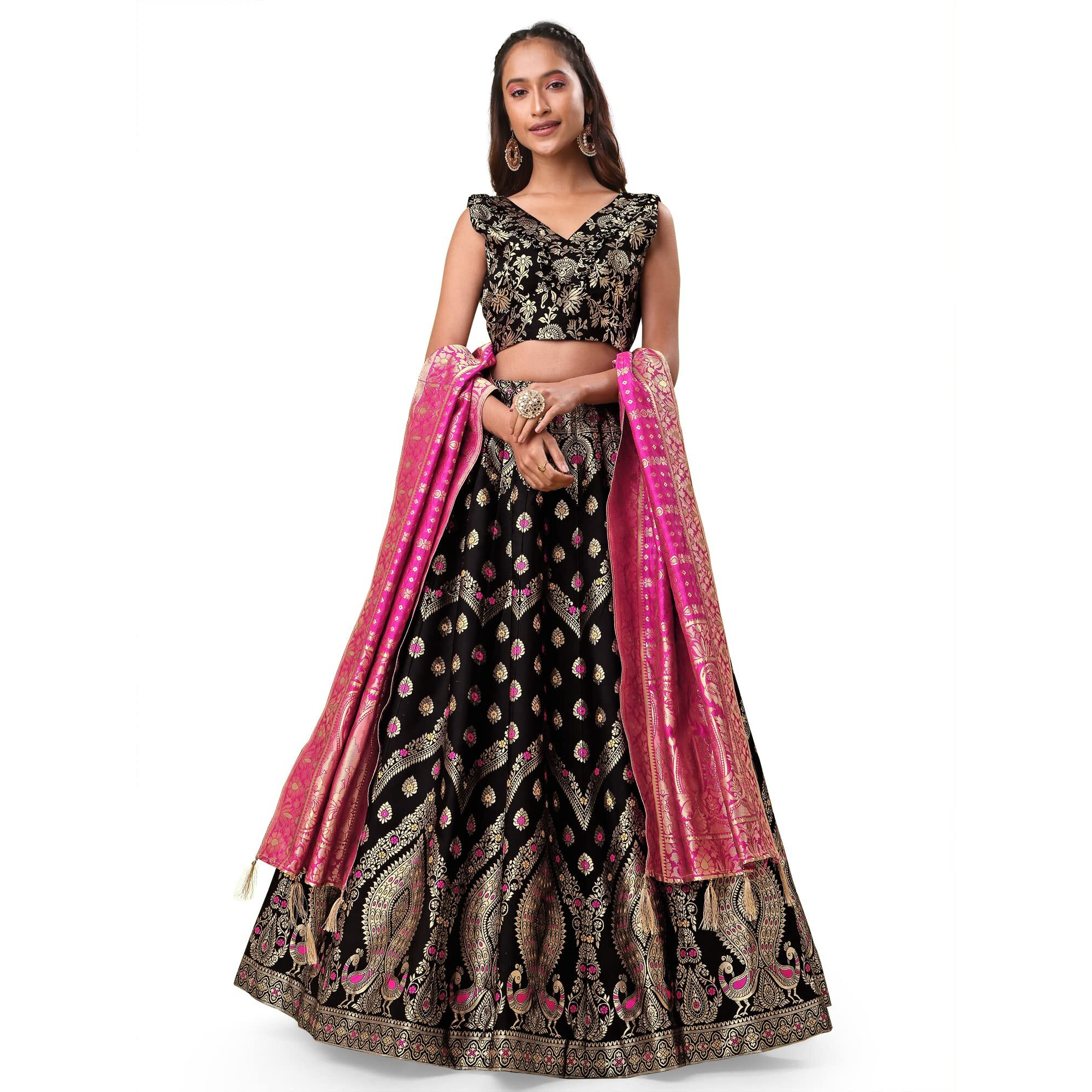PURVAJA Women's Jacquard Semi-Stitched Lehenga choli (Veera-Black_Black_Free Size)
