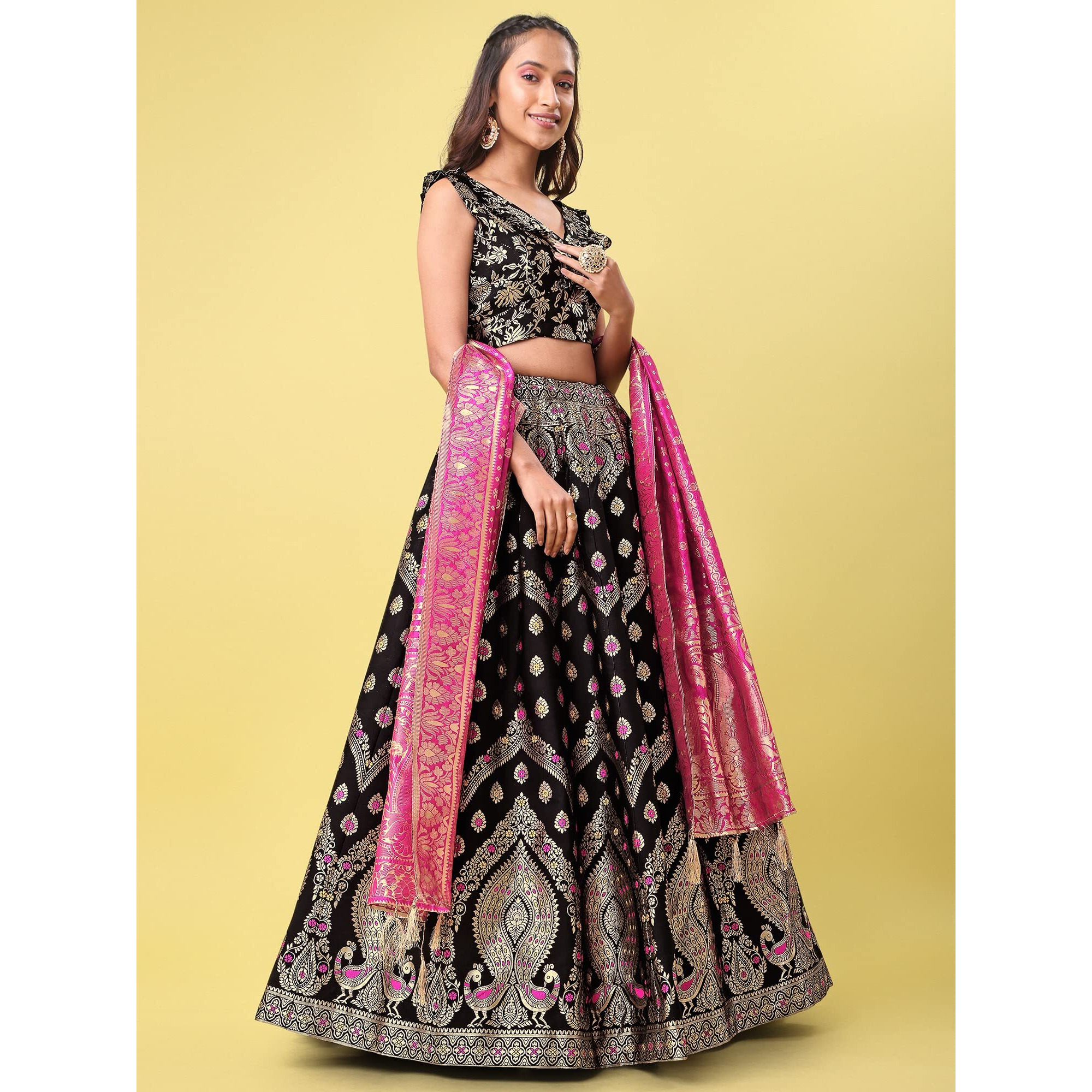 PURVAJA Women's Jacquard Semi-Stitched Lehenga choli (Veera-Black_Black_Free Size)