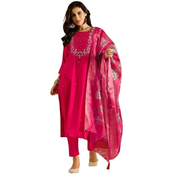 ACINOS Printed Pink Viscose Rayon Fabric Straight Kurta, Pant and Dupatta Set