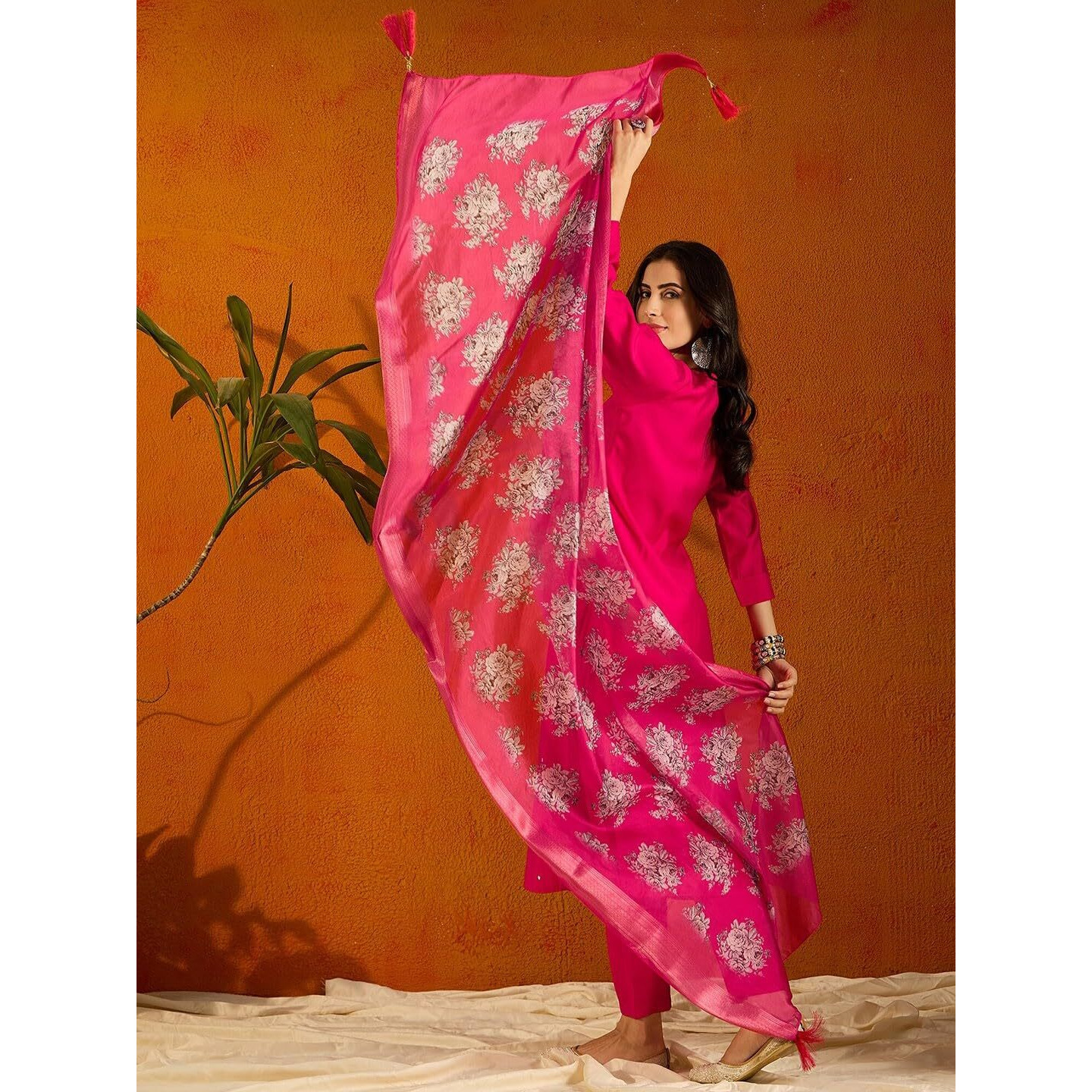 ACINOS Printed Pink Viscose Rayon Fabric Straight Kurta, Pant and Dupatta Set