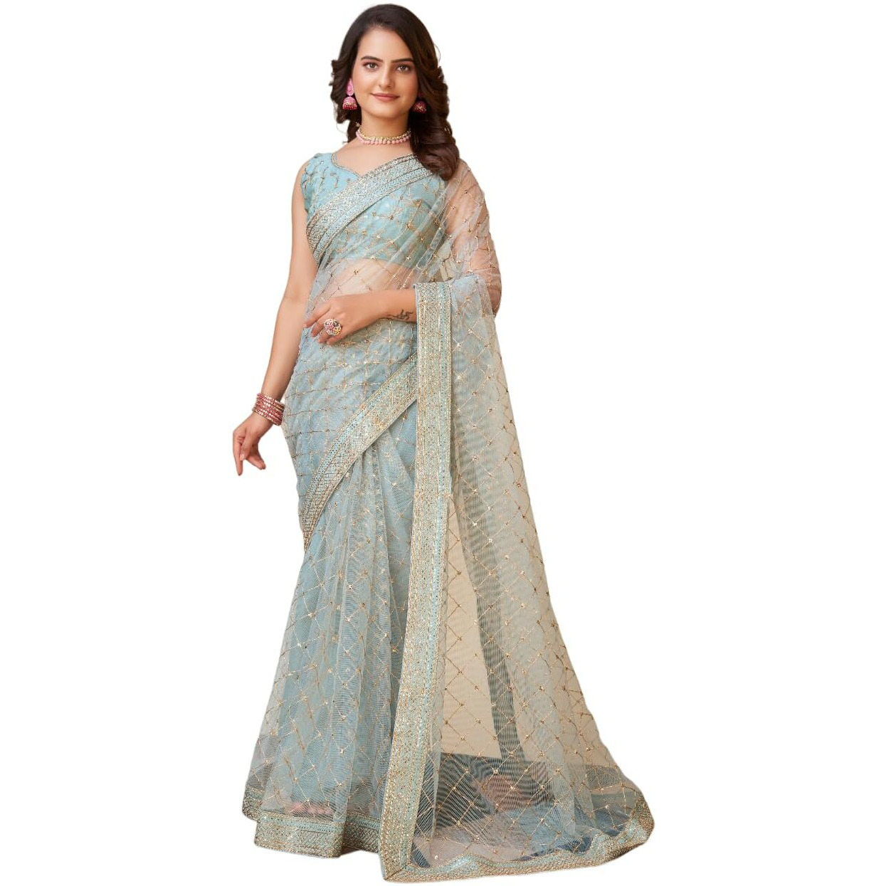 Ekasya Women Soft Net Sky Blue Embroidery Saree (E6097_3)