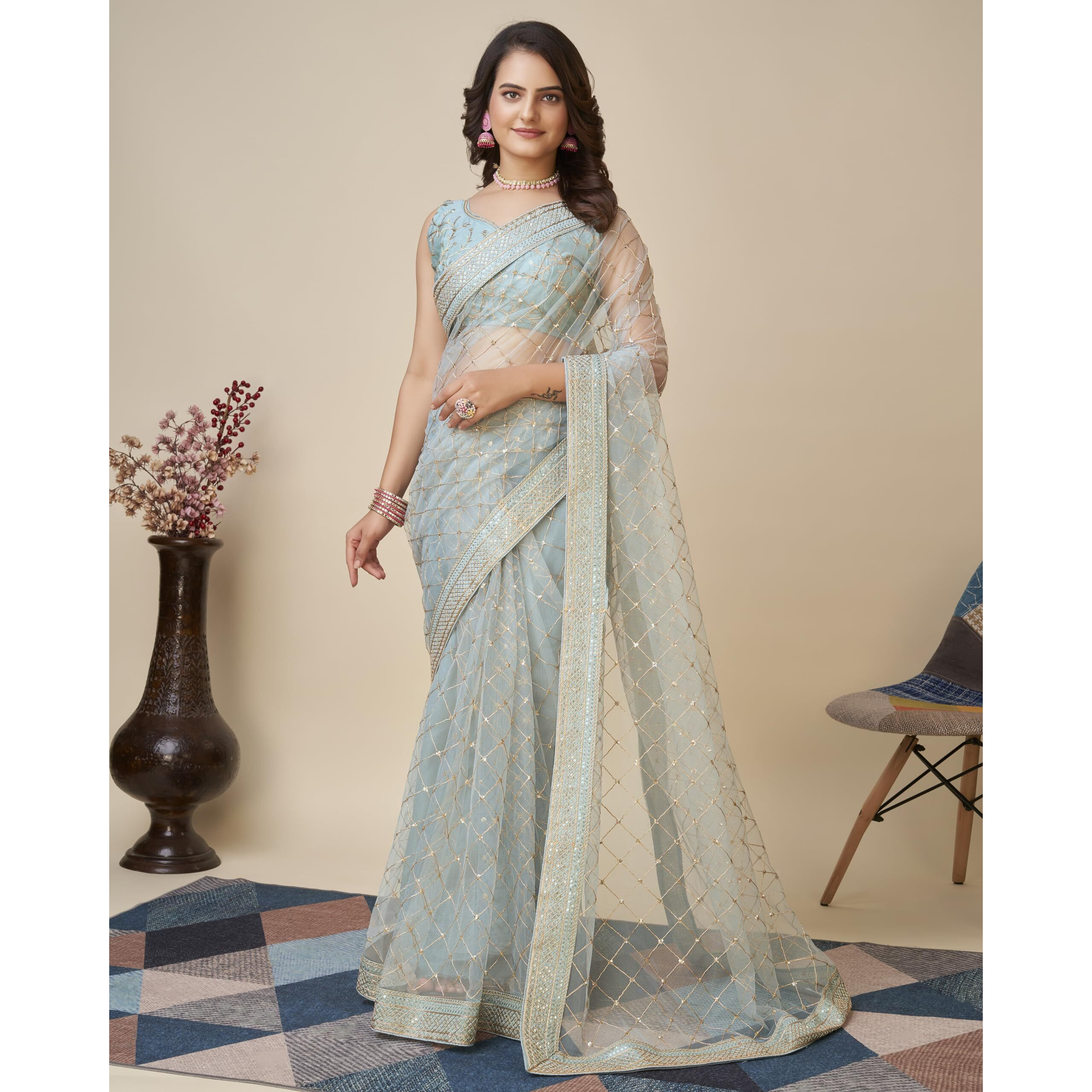 Ekasya Women Soft Net Sky Blue Embroidery Saree (E6097_3)