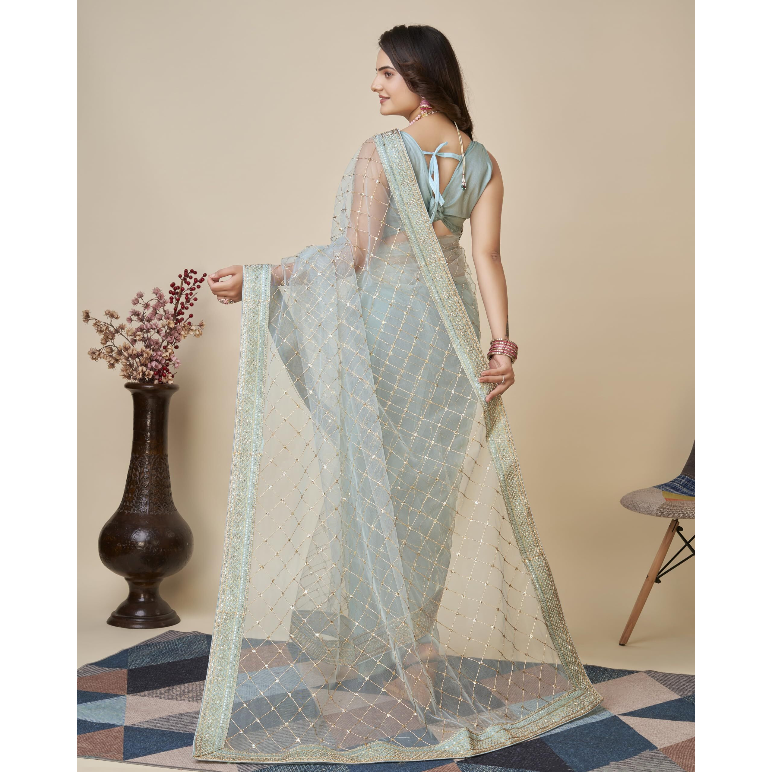 Ekasya Women Soft Net Sky Blue Embroidery Saree (E6097_3)