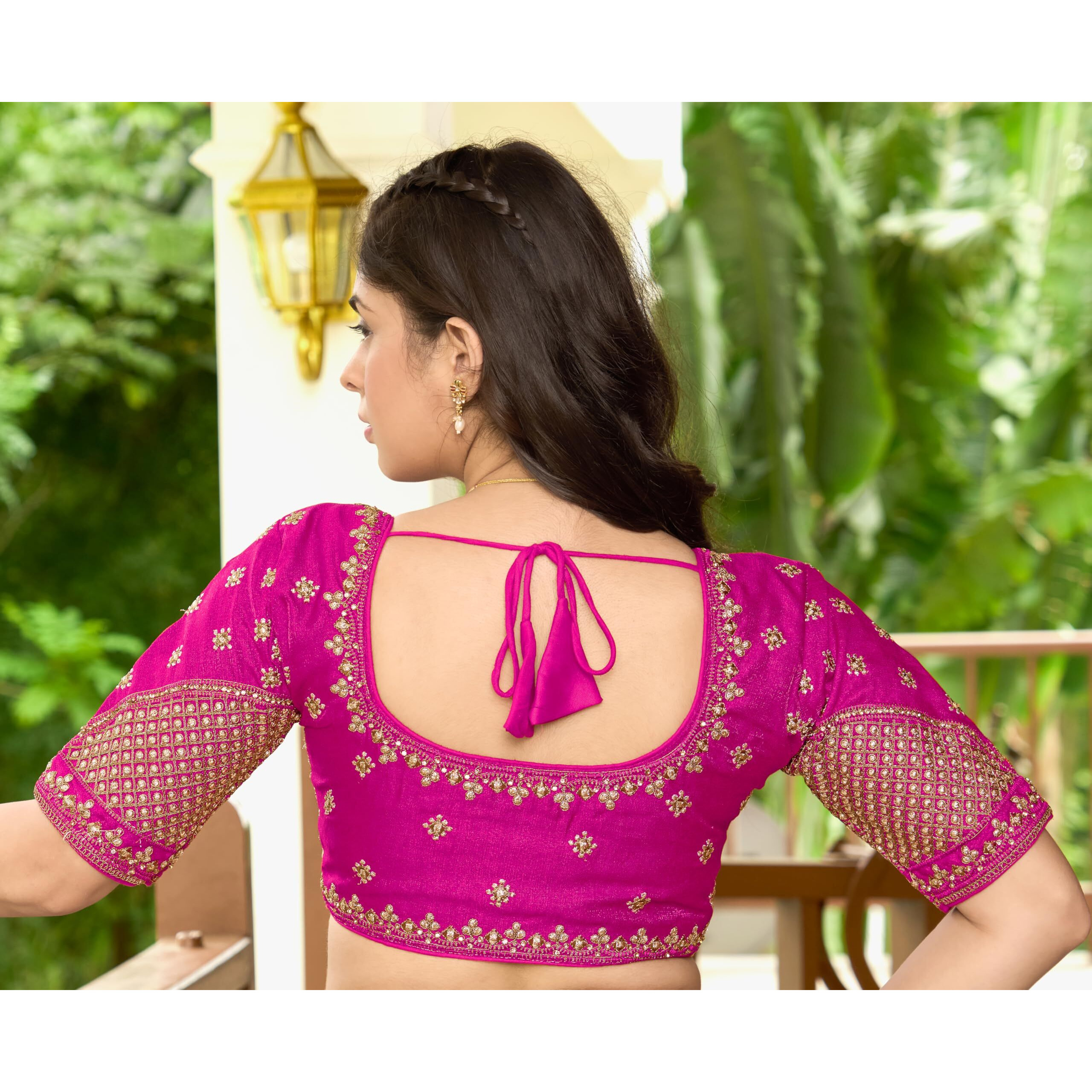 Pujia Mills Women's Readymade Blouse Multi Golden codding Sequence Embroidery Work Indian Ethnic Designer Stitched Readymade Saree Half Sleeve Pink Blouse for Women for Saree Lehenga Choli
