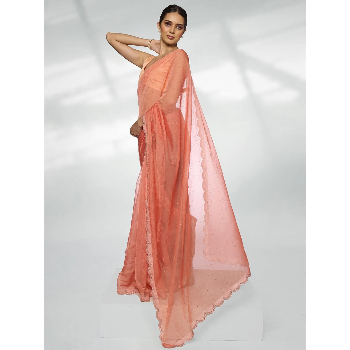 ORHANS Women's Satin Chiffon Lightweight All Over Fix Diamond Work Saree With Art Silk Matching Unstitched Blouse Piece