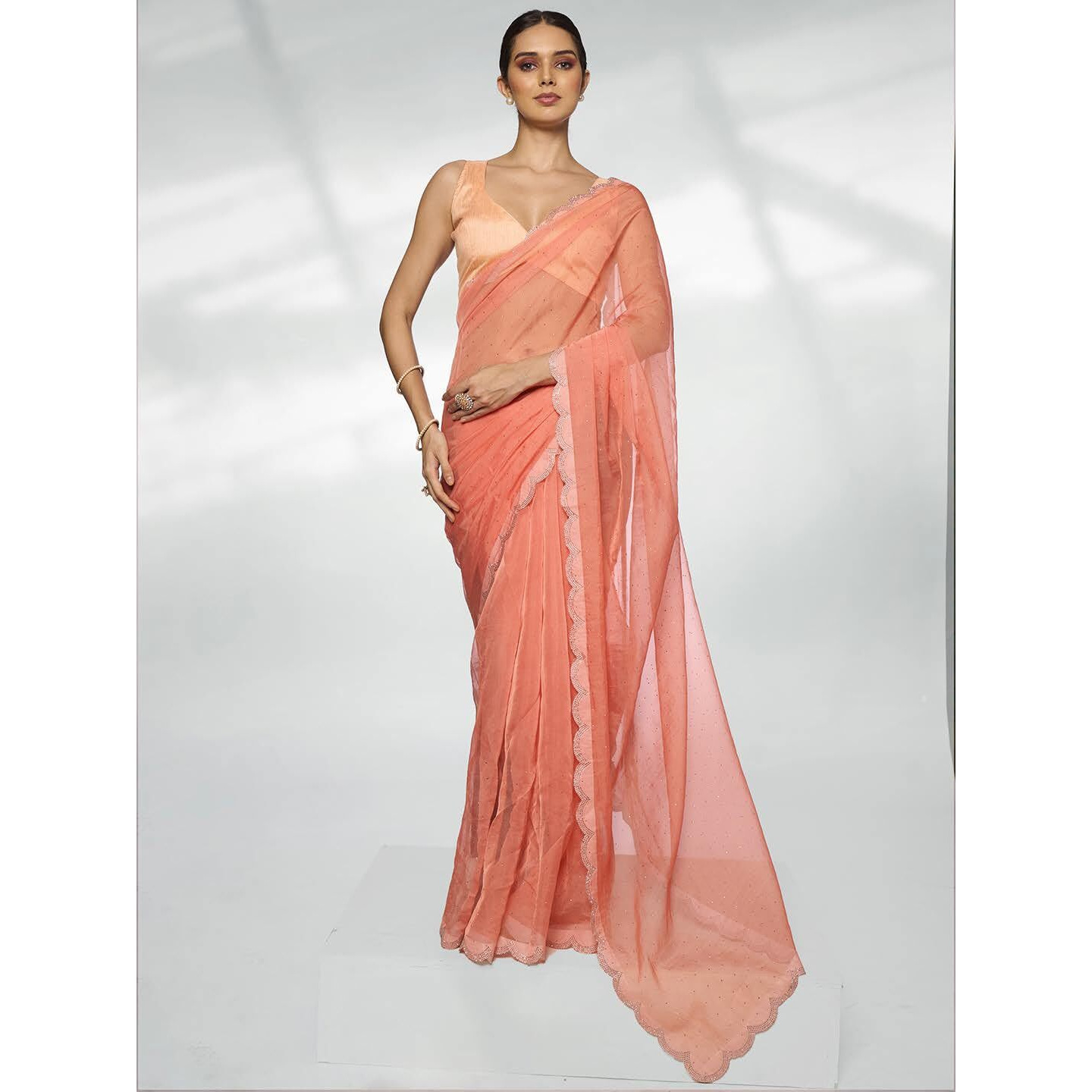 ORHANS Women's Satin Chiffon Lightweight All Over Fix Diamond Work Saree With Art Silk Matching Unstitched Blouse Piece