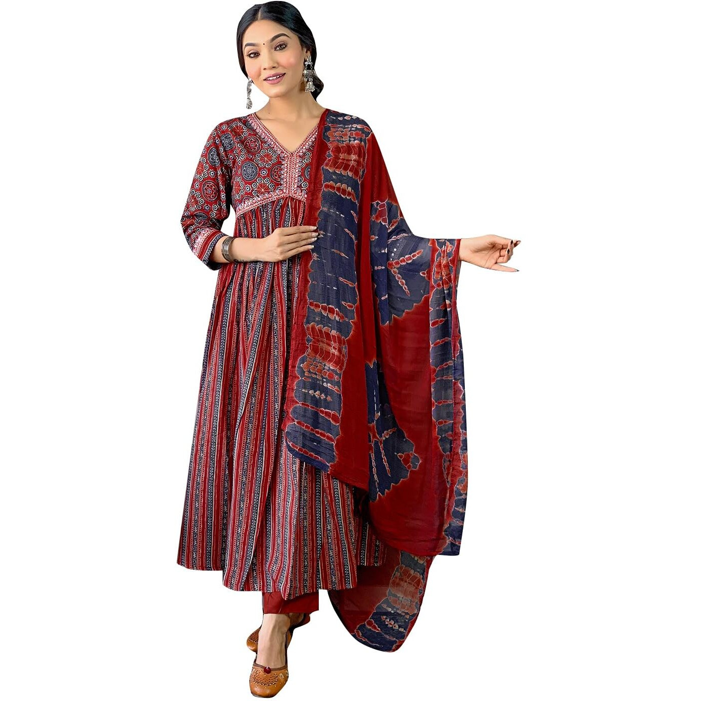 Naixa Women's Maroon Cotton Embroidered and Printed A-line Kurta with Cotton Pant and Nazneen Printed Dupatta Sets (NK-438-Maroon-XS)