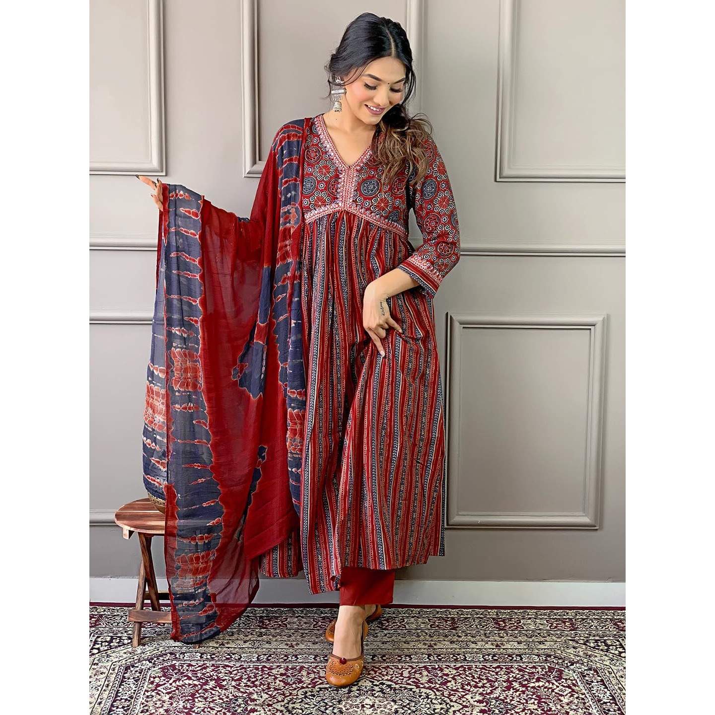 Naixa Women's Maroon Cotton Embroidered and Printed A-line Kurta with Cotton Pant and Nazneen Printed Dupatta Sets (NK-438-Maroon-XS)