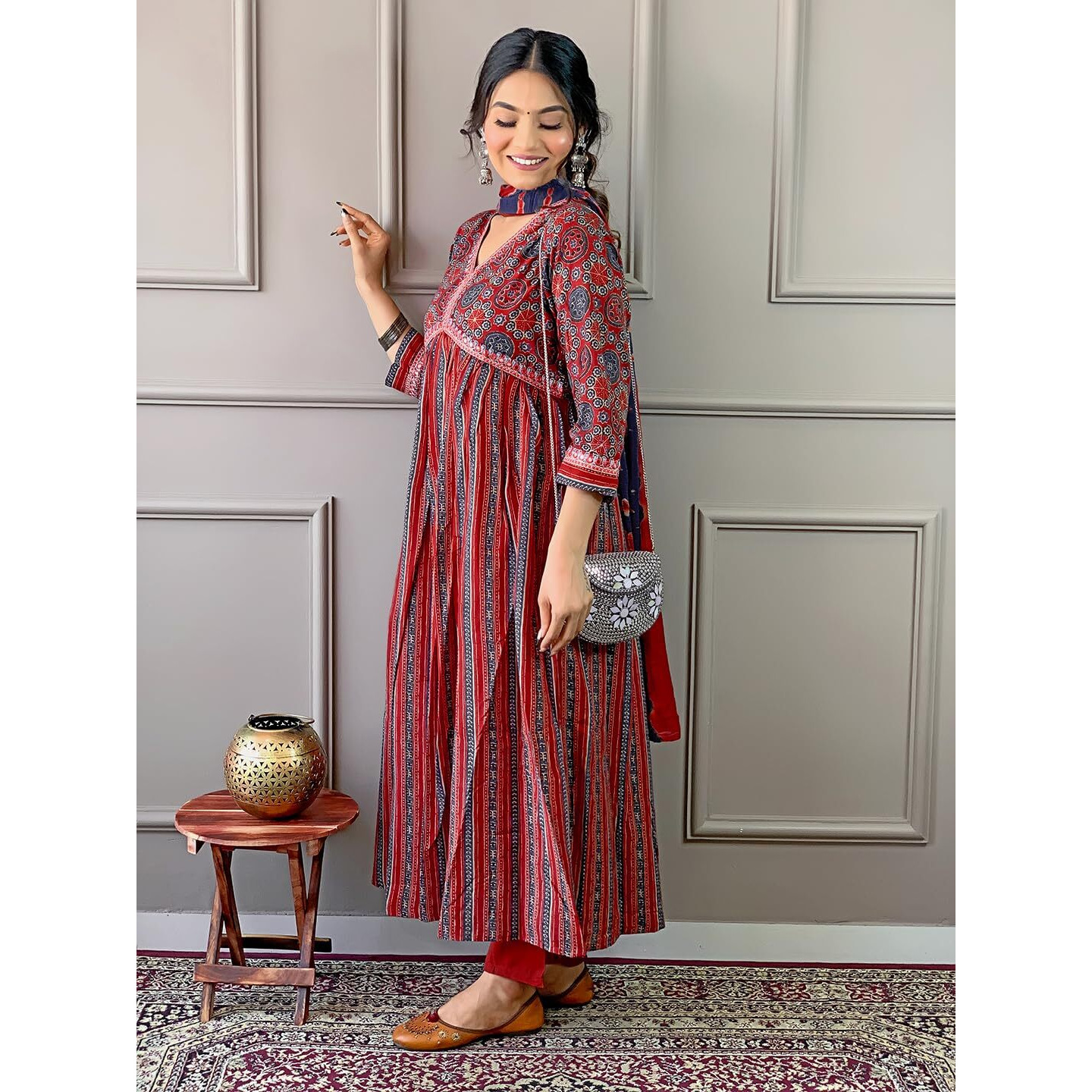 Naixa Women's Maroon Cotton Embroidered and Printed A-line Kurta with Cotton Pant and Nazneen Printed Dupatta Sets (NK-438-Maroon-XS)