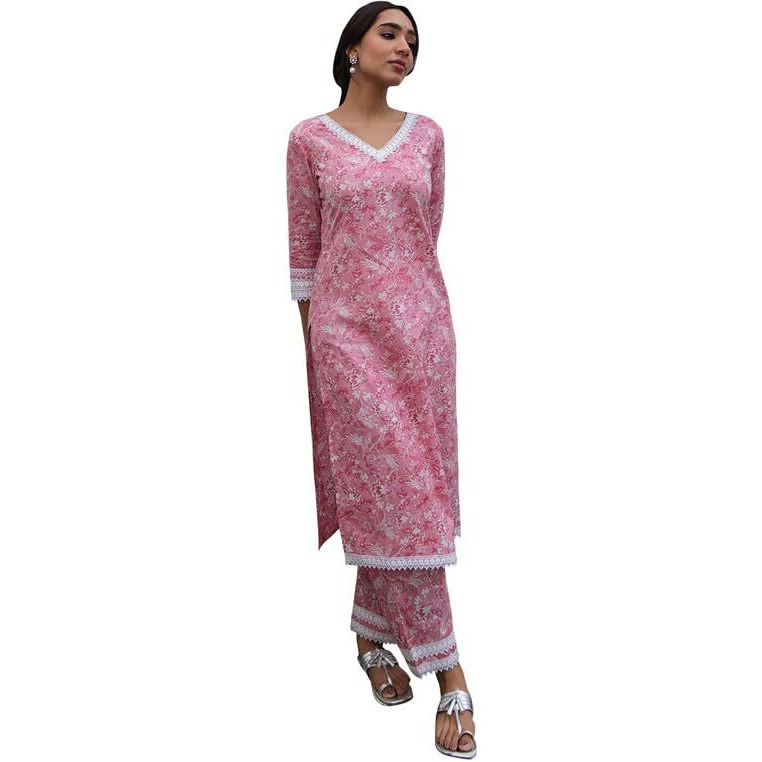 Janasya Women's Pink Cotton Floral Regular Kurta Set (JAA24ST00254-XXL)