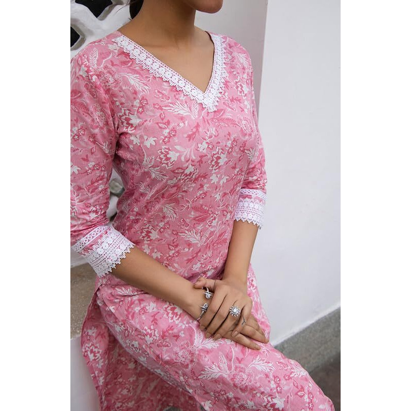 Janasya Women's Pink Cotton Floral Regular Kurta Set (JAA24ST00254-XXL)