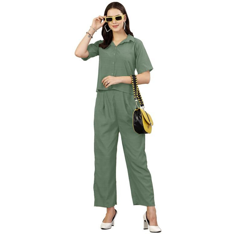 I ENTERPRISE Women Kurta Set for Women || Co-Ords Set || Kurta Pant Set || Coordinate Set || Summer Suit || Shirt and Plazzo Co-Ords for Summer_Color Green1 Size -S