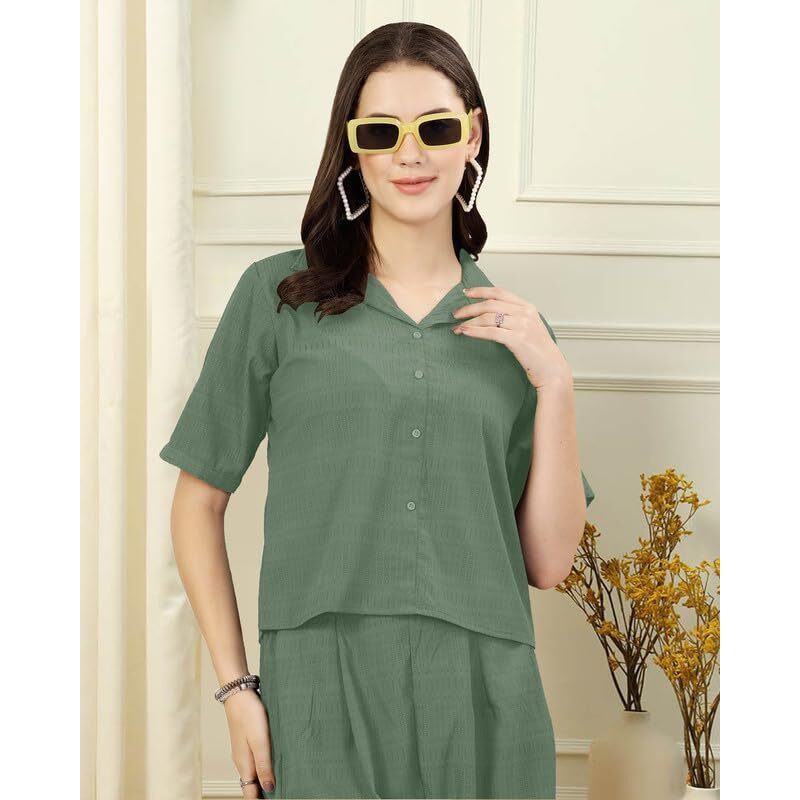 I ENTERPRISE Women Kurta Set for Women || Co-Ords Set || Kurta Pant Set || Coordinate Set || Summer Suit || Shirt and Plazzo Co-Ords for Summer_Color Green1 Size -S