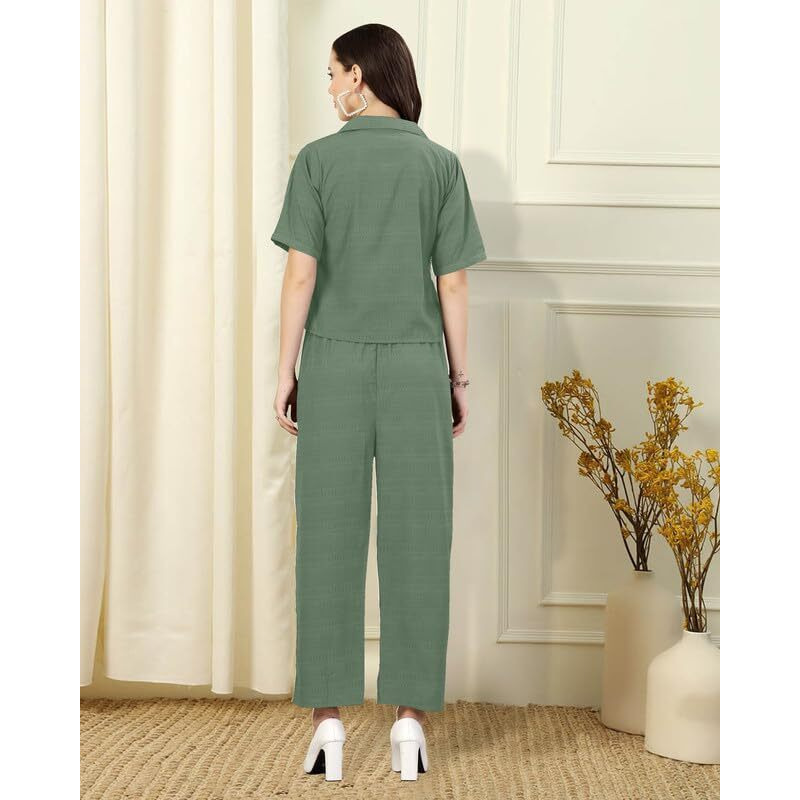 I ENTERPRISE Women Kurta Set for Women || Co-Ords Set || Kurta Pant Set || Coordinate Set || Summer Suit || Shirt and Plazzo Co-Ords for Summer_Color Green1 Size -S
