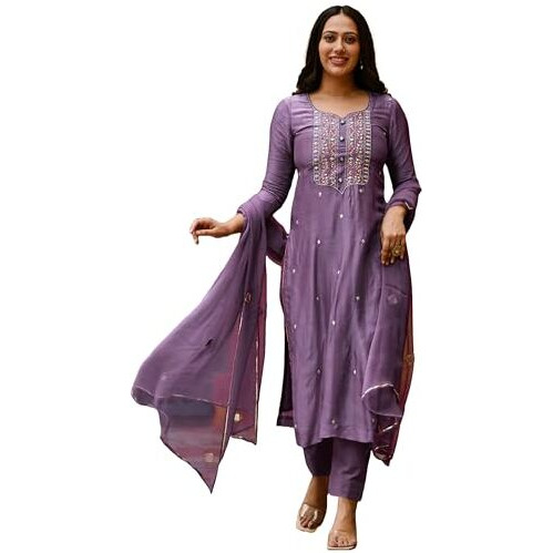 ANNI DESIGNER Women's Cotton Blend Embroidered Straight Kurta with Pant & Dupatta (Kasturi Purple_XL_Purple_X-Large)