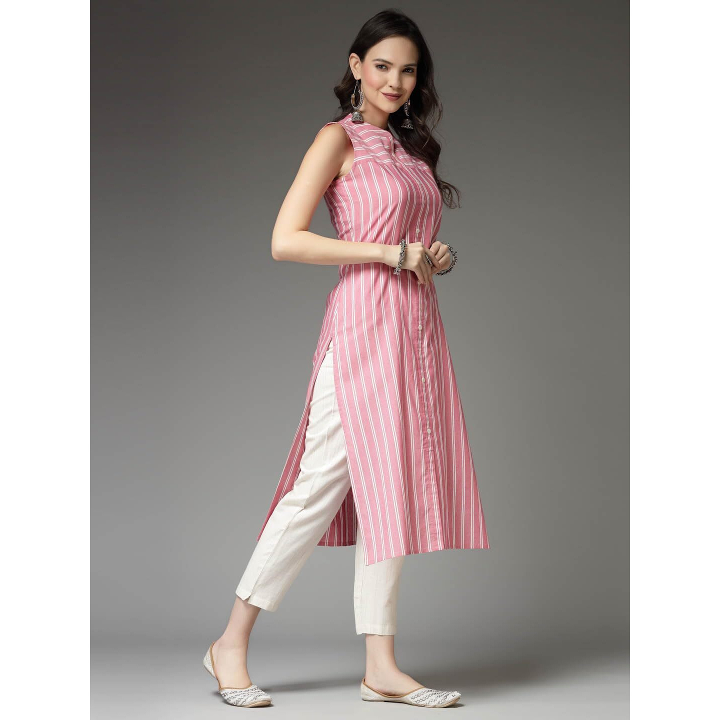 Stylum Women's Woven Striped Cotton Blend Straight Kurta (XSHERRYPINK38_Pink, M)