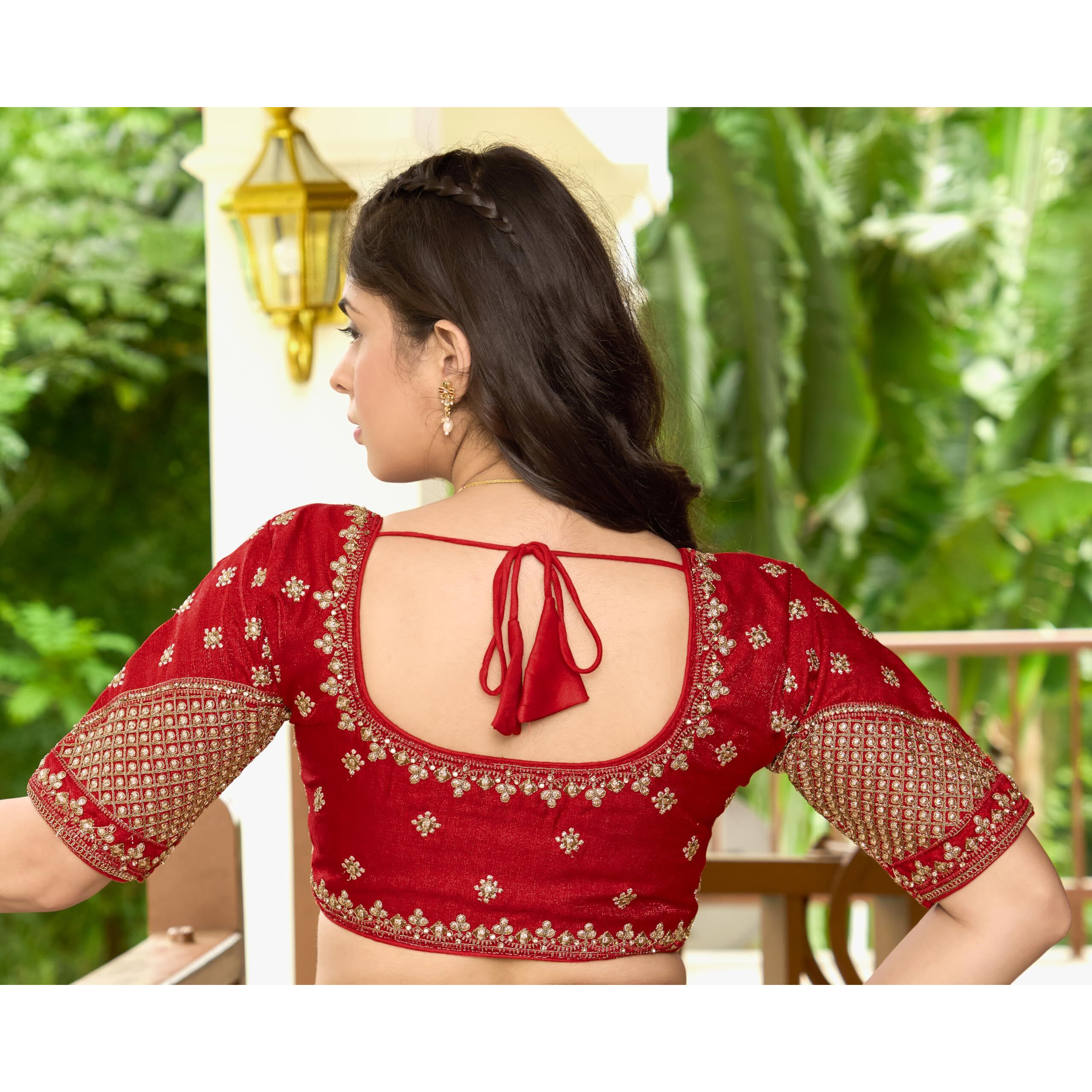 Pujia Mills Women's Readymade Blouse Multi Golden codding Sequence Embroidery Work Indian Ethnic Designer Stitched Readymade Saree Half Sleeve Red Blouse for Women for Saree Lehenga Choli