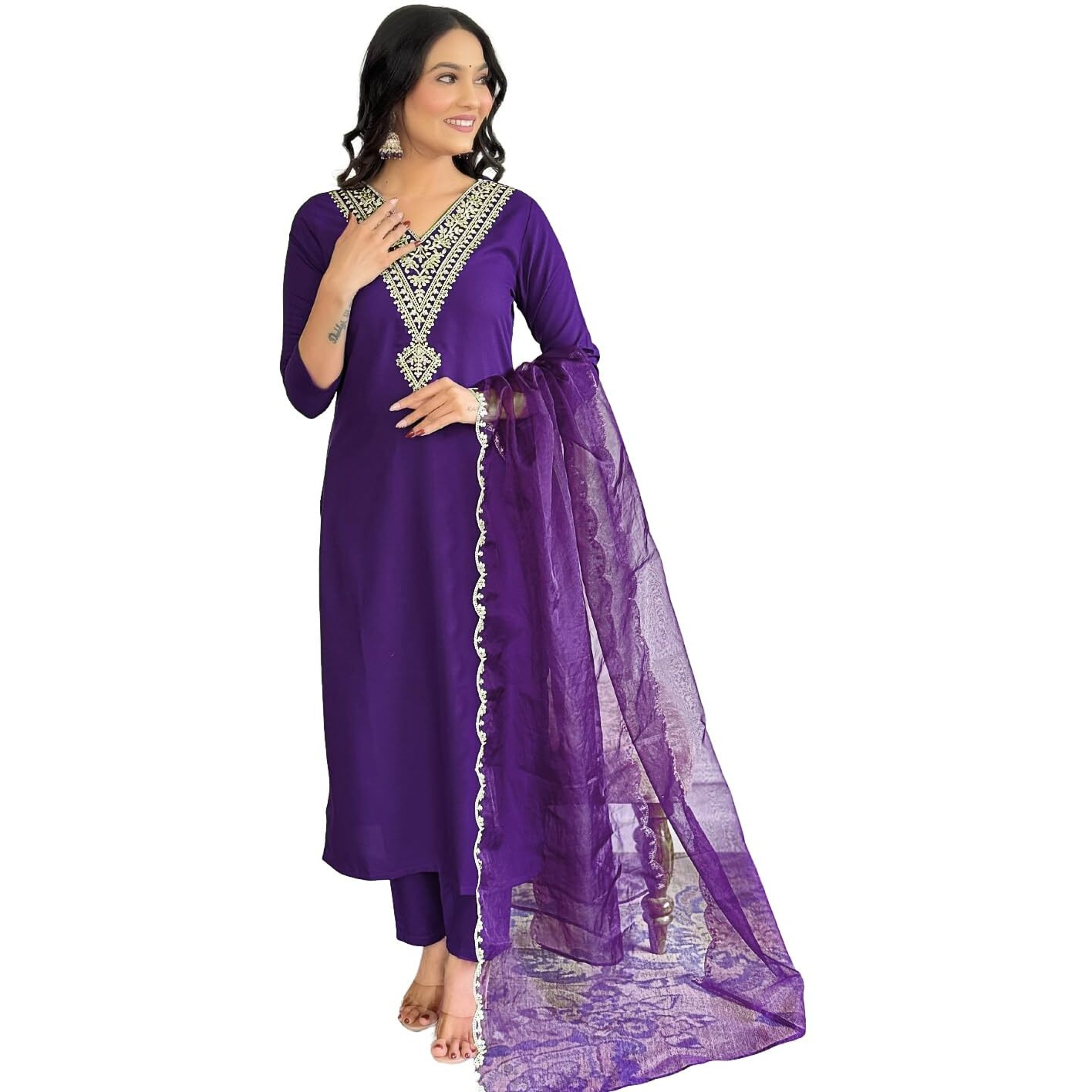 Naixa Women's Violate Rayon Slub Embroidered Straight Kurta with Rayon Slub Pant and Organza Laced Dupatta Sets (NX-575-Violate-M)