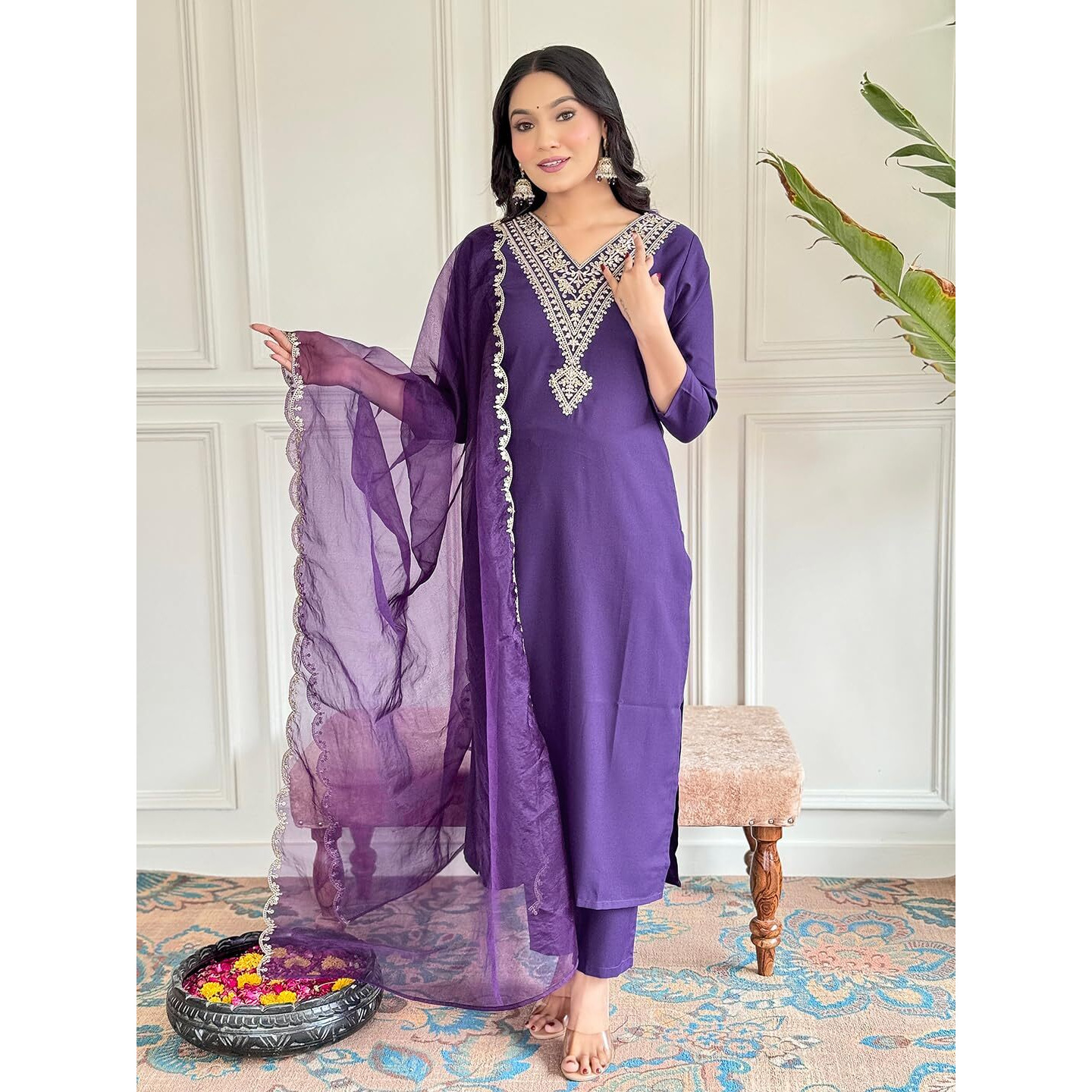 Naixa Women's Violate Rayon Slub Embroidered Straight Kurta with Rayon Slub Pant and Organza Laced Dupatta Sets (NX-575-Violate-M)
