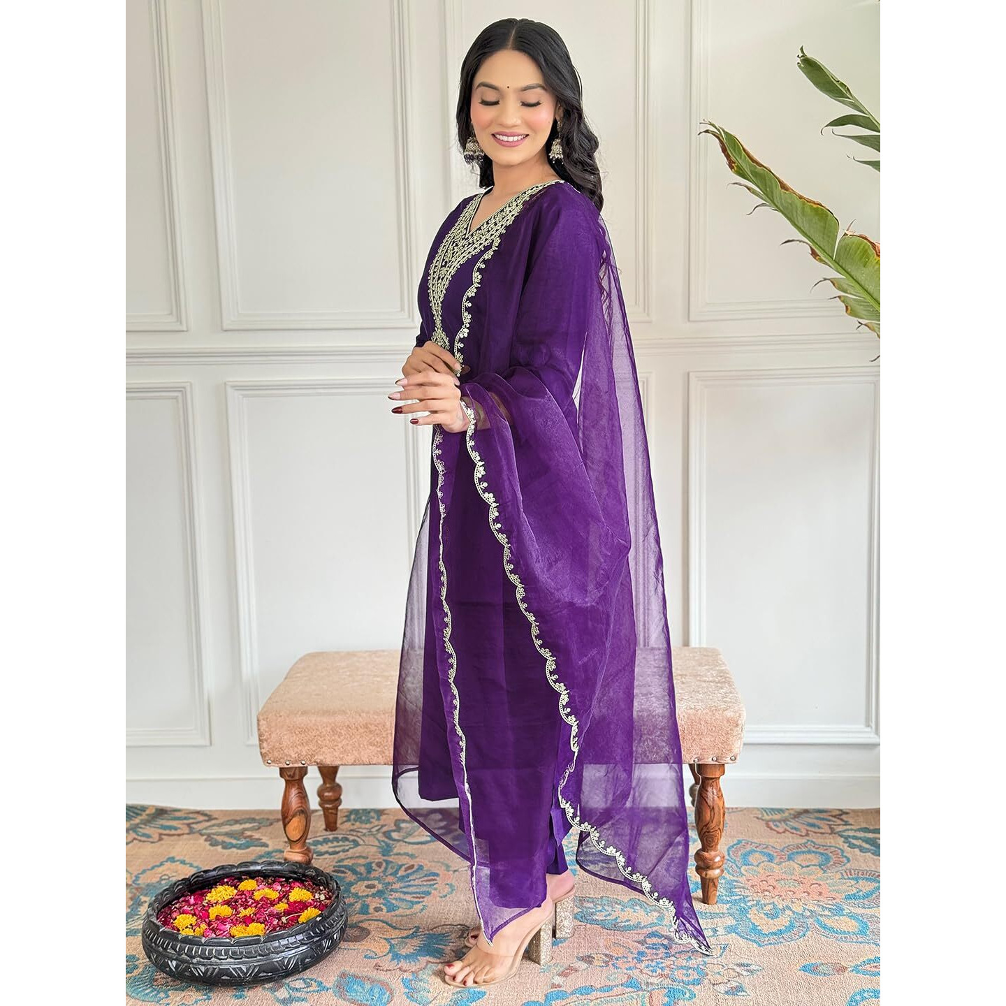 Naixa Women's Violate Rayon Slub Embroidered Straight Kurta with Rayon Slub Pant and Organza Laced Dupatta Sets (NX-575-Violate-M)