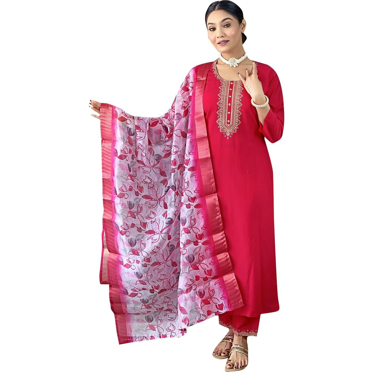 Women's Gajri Viscose Chanderi Embroidered Straight Kurta with Viscose Chanderi Pant and Naylon Jacquard Printed Dupatta Sets (NX-S-Mitali-Gajri-XL)
