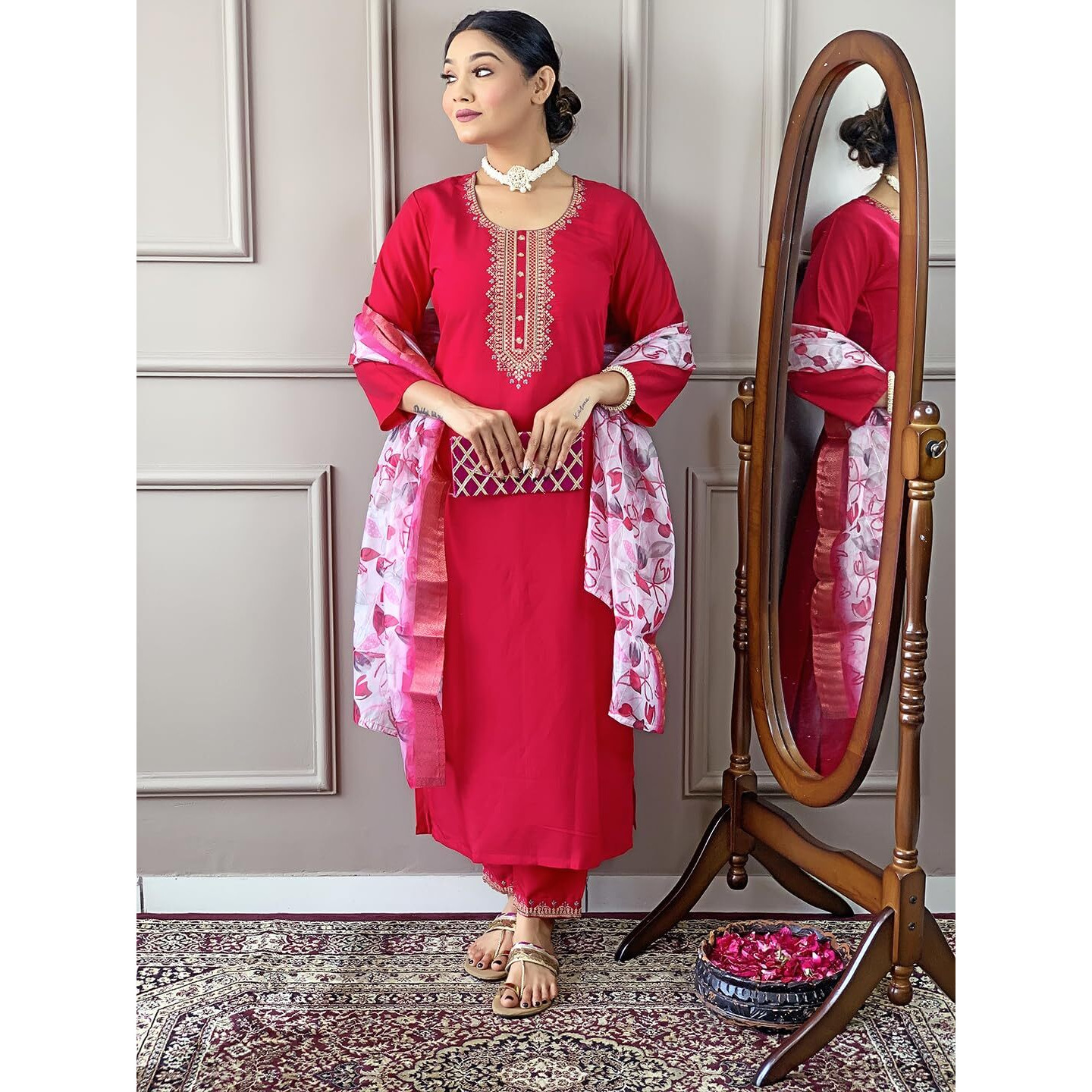 Women's Gajri Viscose Chanderi Embroidered Straight Kurta with Viscose Chanderi Pant and Naylon Jacquard Printed Dupatta Sets (NX-S-Mitali-Gajri-XL)