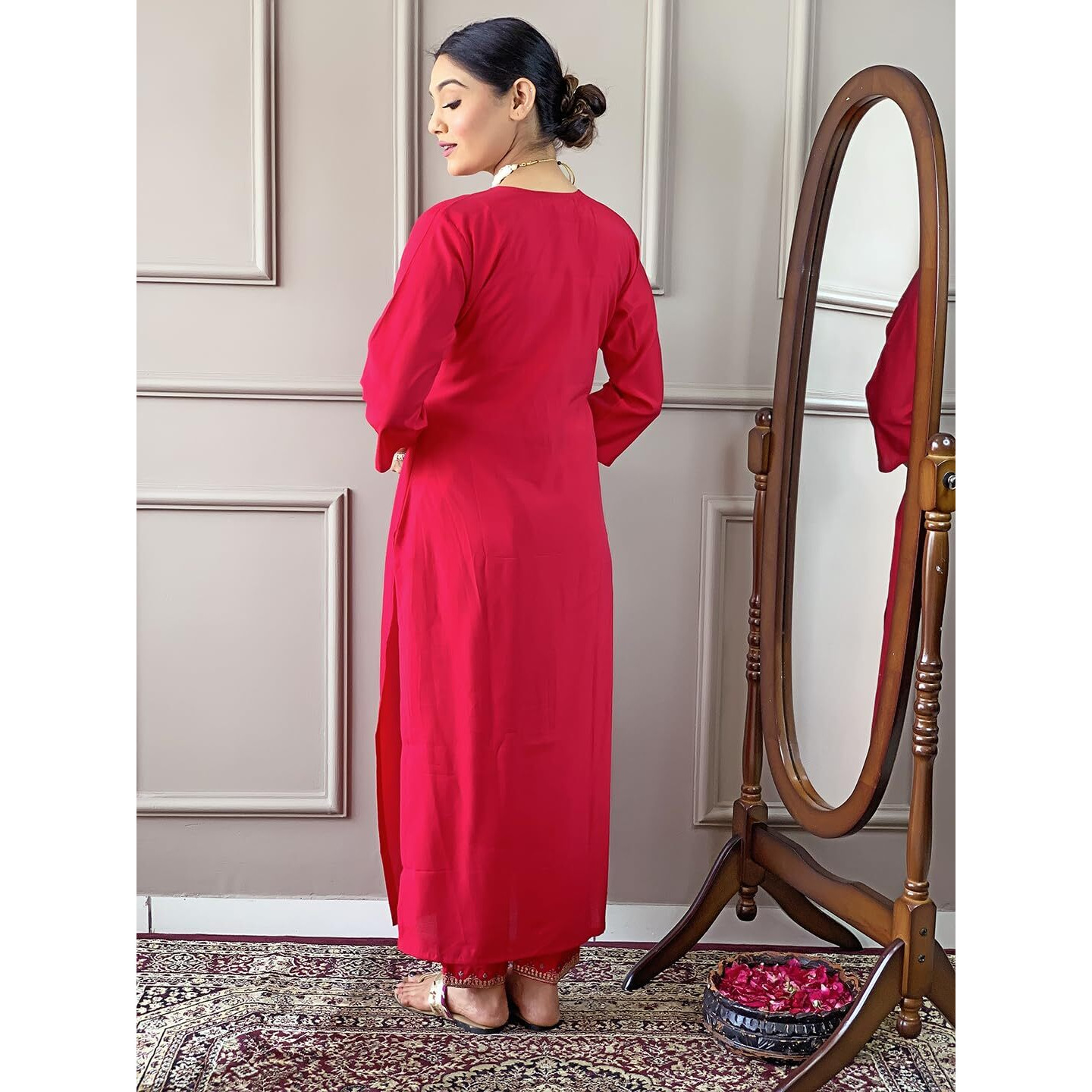 Women's Gajri Viscose Chanderi Embroidered Straight Kurta with Viscose Chanderi Pant and Naylon Jacquard Printed Dupatta Sets (NX-S-Mitali-Gajri-XL)