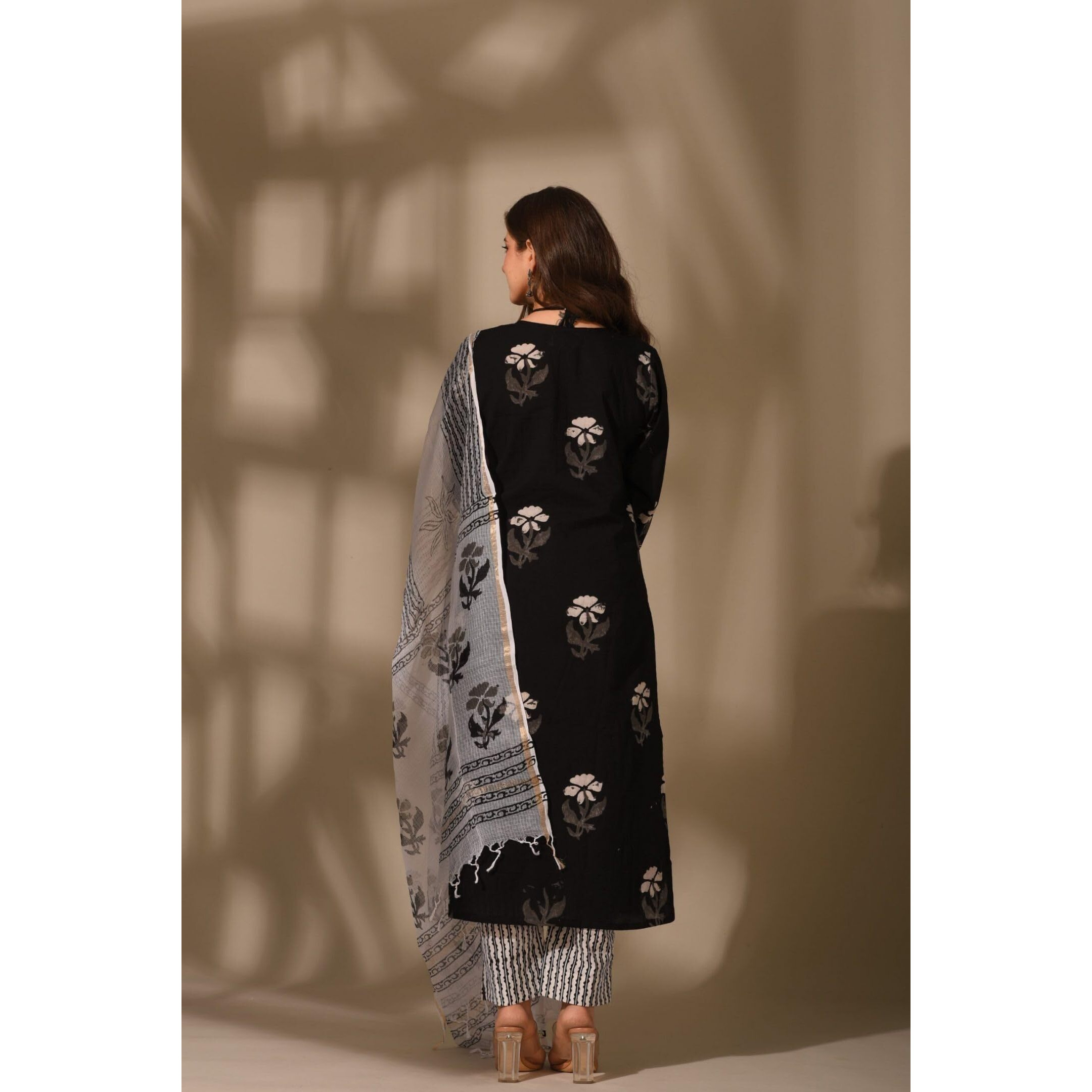 Nayasi Womens Black Cotton Blend Printed Salwar Suit Set with Dupatta (NYS-DMPAL-BLACKWHT-S)