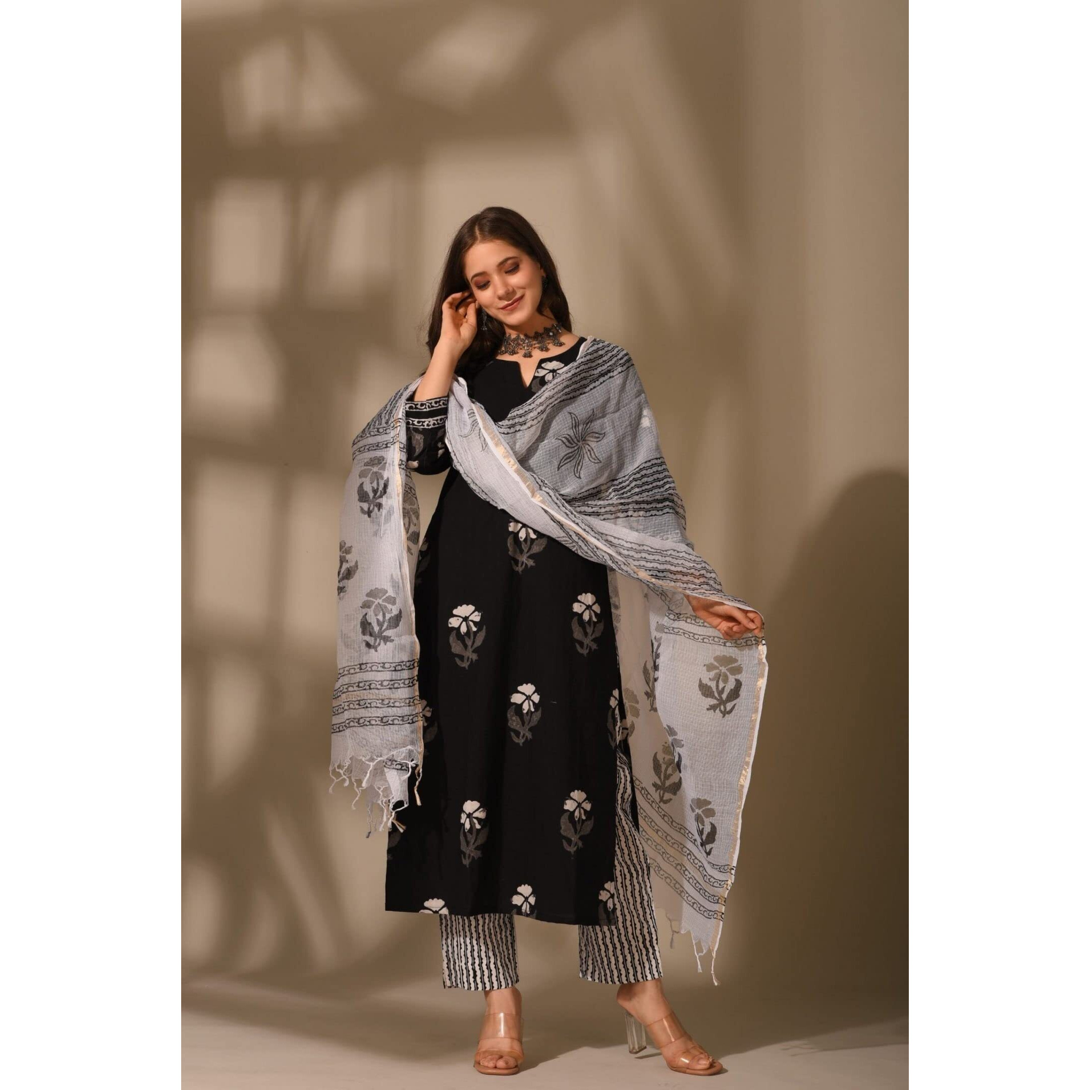 Nayasi Womens Black Cotton Blend Printed Salwar Suit Set with Dupatta (NYS-DMPAL-BLACKWHT-S)