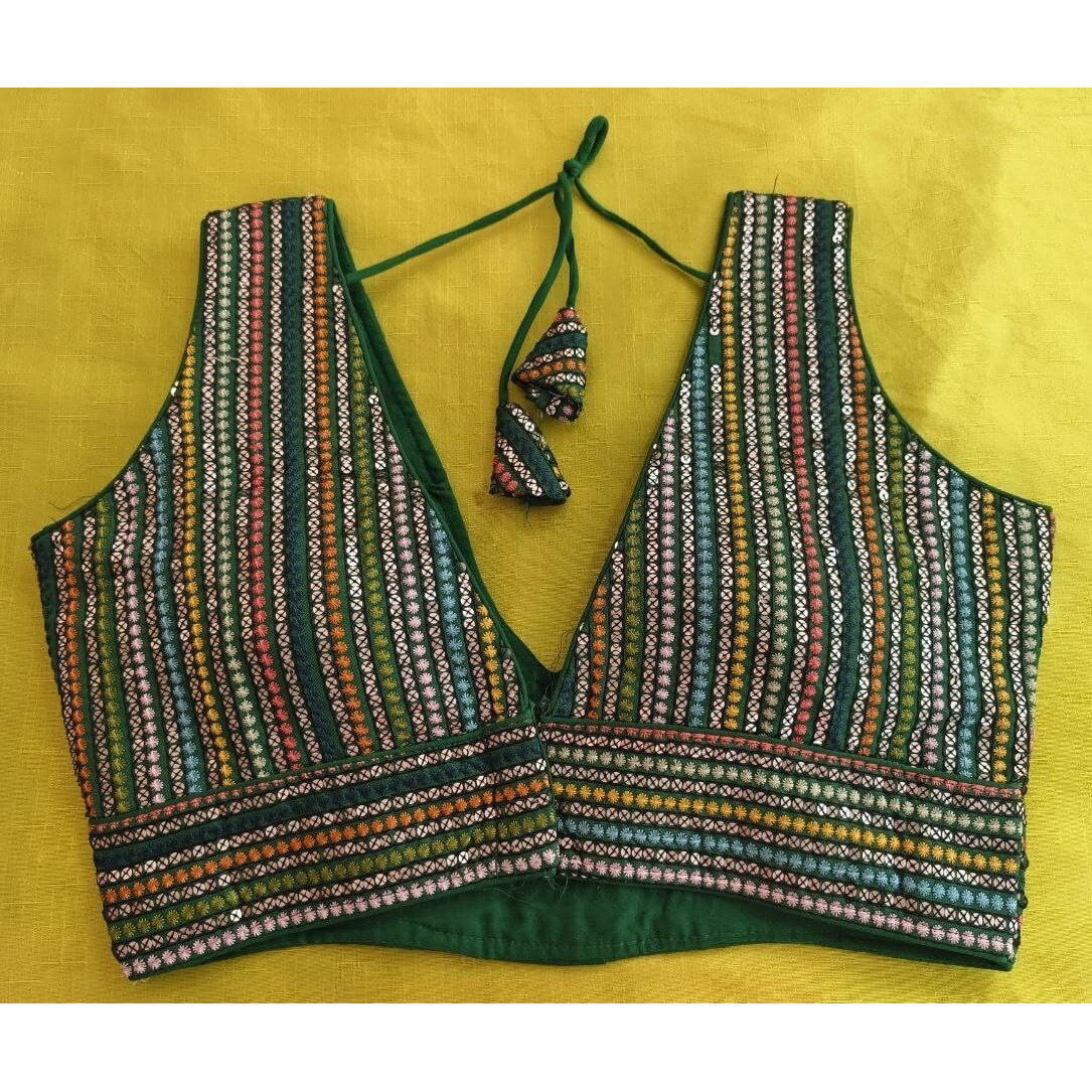 Vihu Fashion Women's Sleeveless Readymade sabyasachi Pattern V Neck Blouse Embroidery Work with Sequence Blouse Indian Ethnic wear Readymade Saree Green Color Blouse for Lehenga Choli stylis
